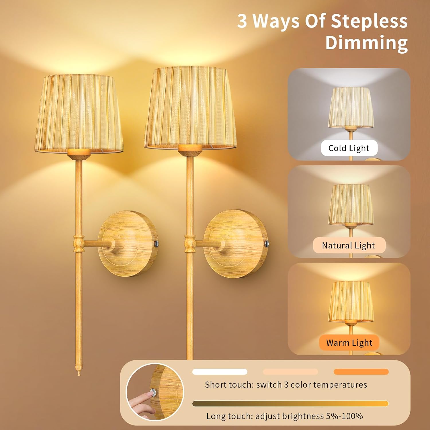 ACOLIT P 2PC Wall Lamp Wood Grain with Remote - Modern LED Lighting