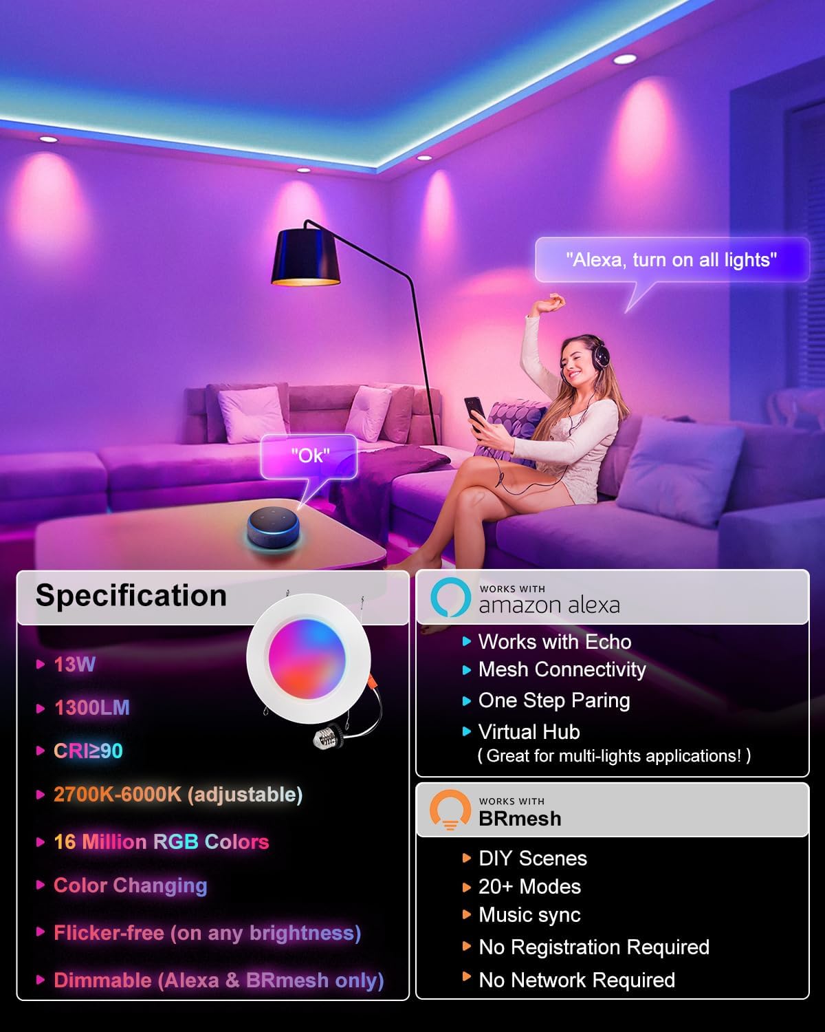 VARICART 6-Inch Smart Recessed Light Smart Recessed Lighting 6 Inch, RGBCW Color Changing