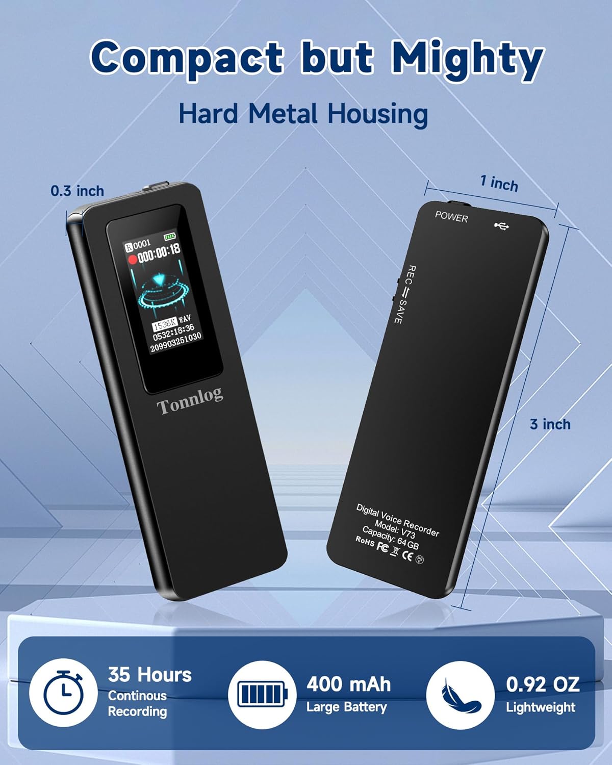 Tonnlog v73 1536Kbps Voice Activated Recorder with Playback,