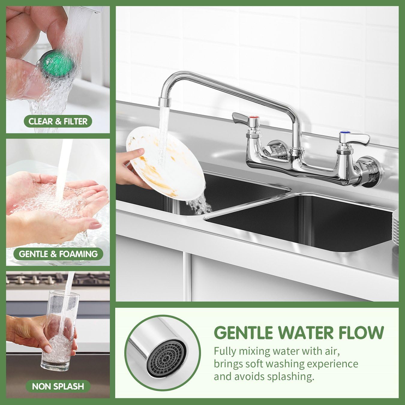 TOLSUNY Type: It's a wall-mounted commercial kitchen faucet with a pre-rinse sprayer.