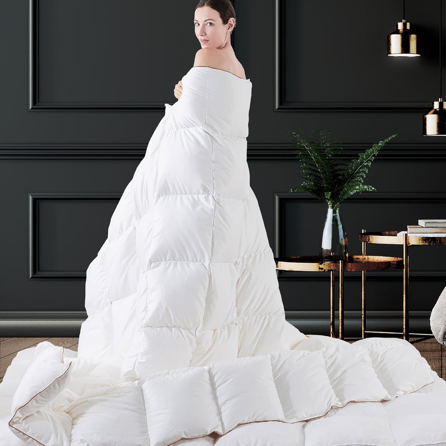EDUJIN King Size Goose Down Comforter, All Season Duvet Insert Goose Feather Down Filled, 100% Organic Cotton+4 Corner Ties, 106x90 in