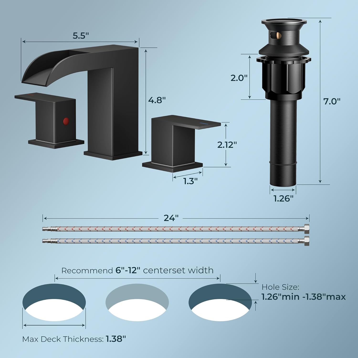 QFN Black Bathroom Sink Faucet is designed for 3-hole, 8-inch widespread installations