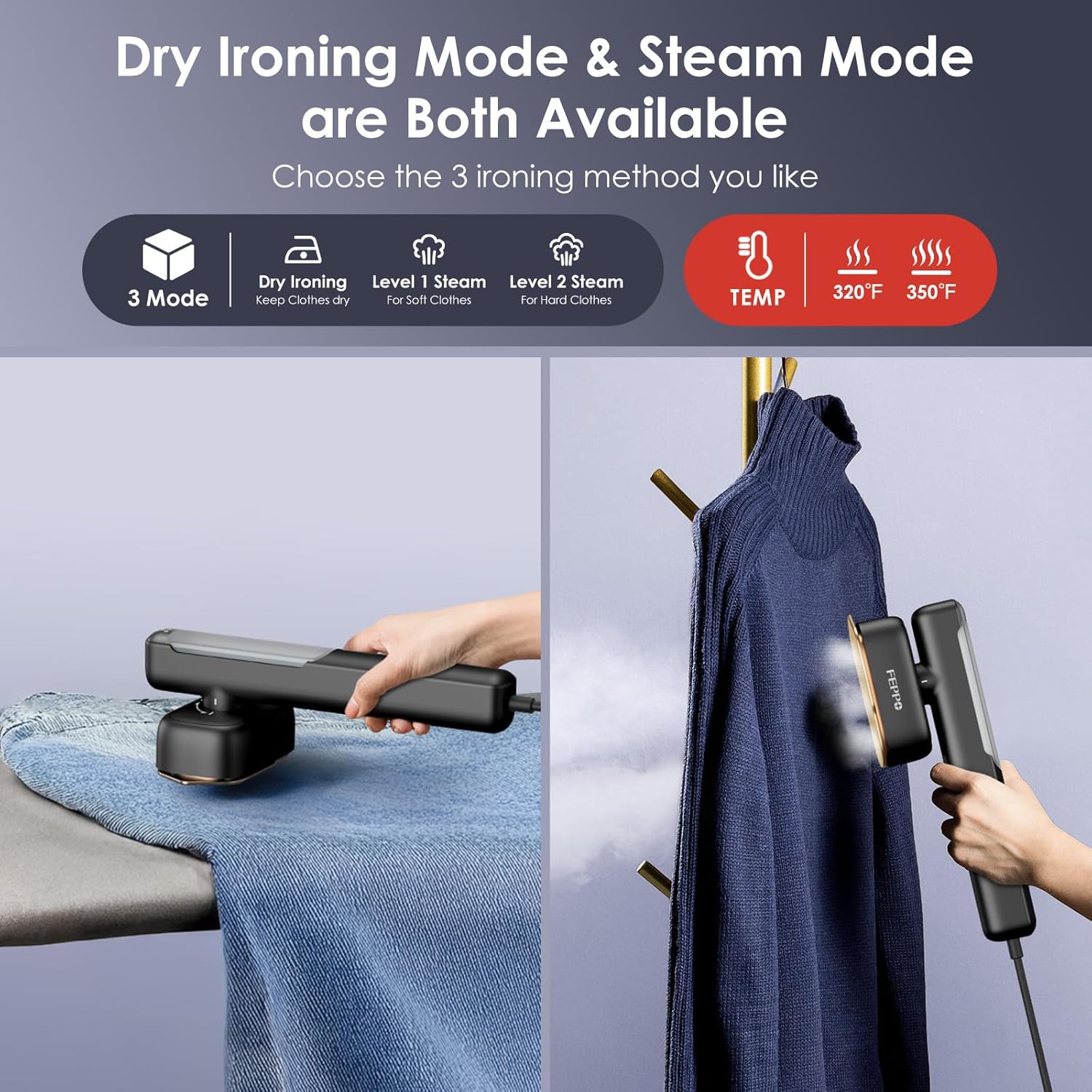FEPPO Travel Clothes Steamer & Iron 2-in-1 – 1100W Portable Garment Steamer, Travel Size