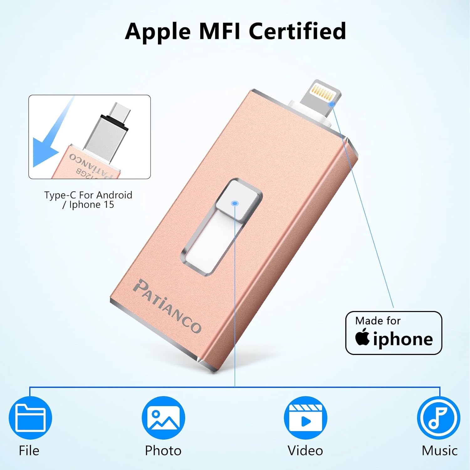 The Patianco Photo Stick Apple MFi Certified 128GB is a reliable storage solution