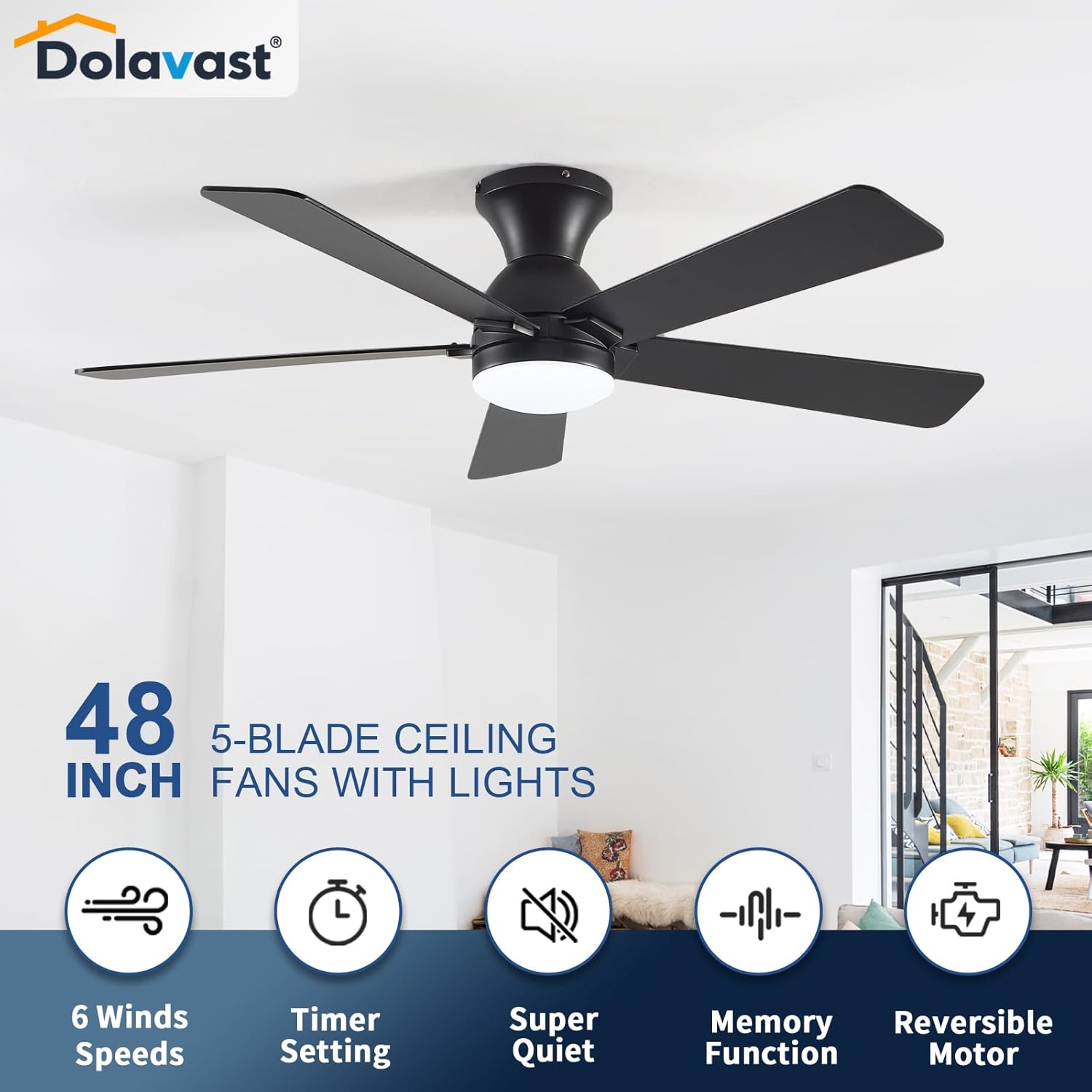 Dolavast 48-inch low profile ceiling fan combines sleek design with high functionality