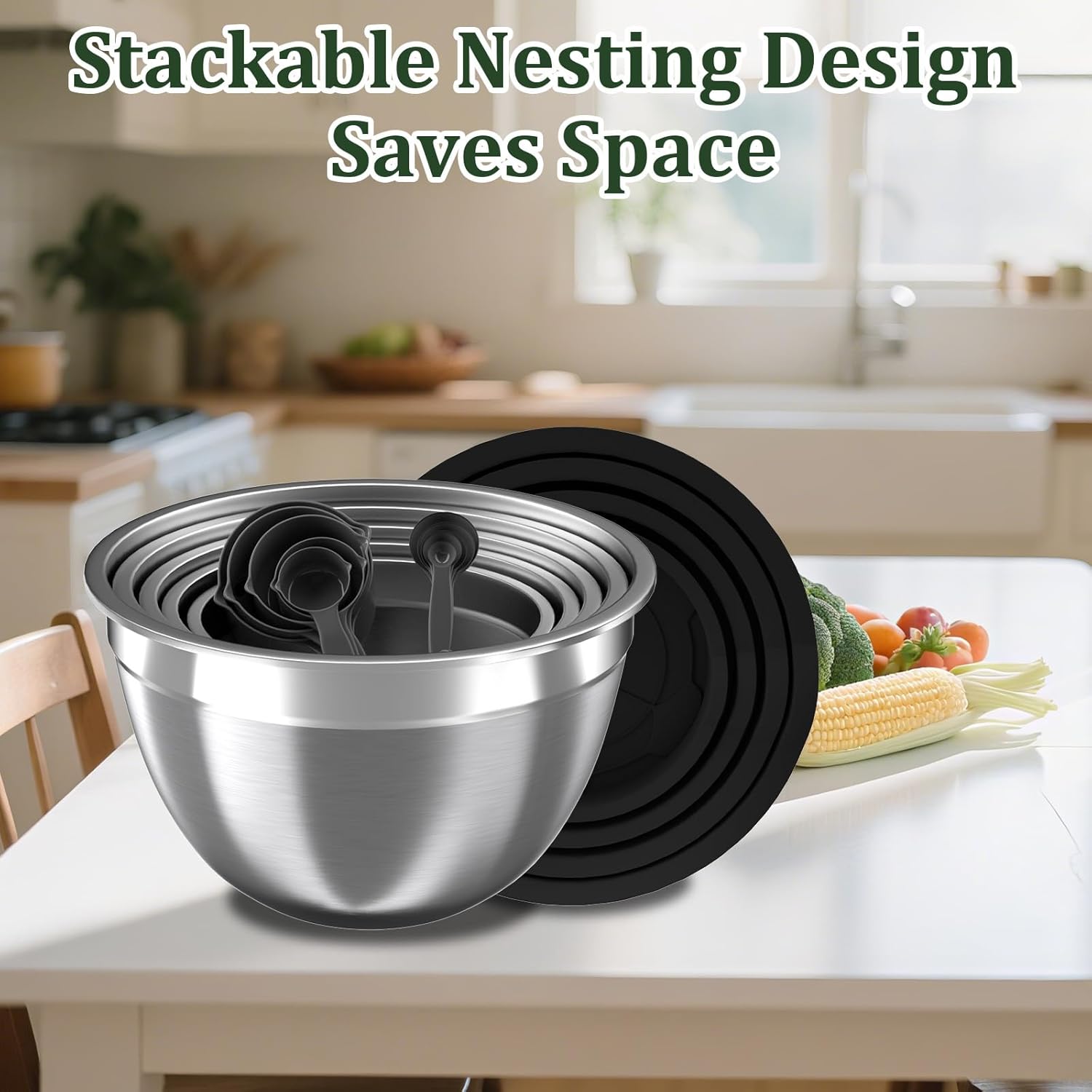 Nicdiet 5 set mixing bowl beige lids Mixing Bowls with Lids Set, Stainless Steel Mixing Bowls,Nesting Storage