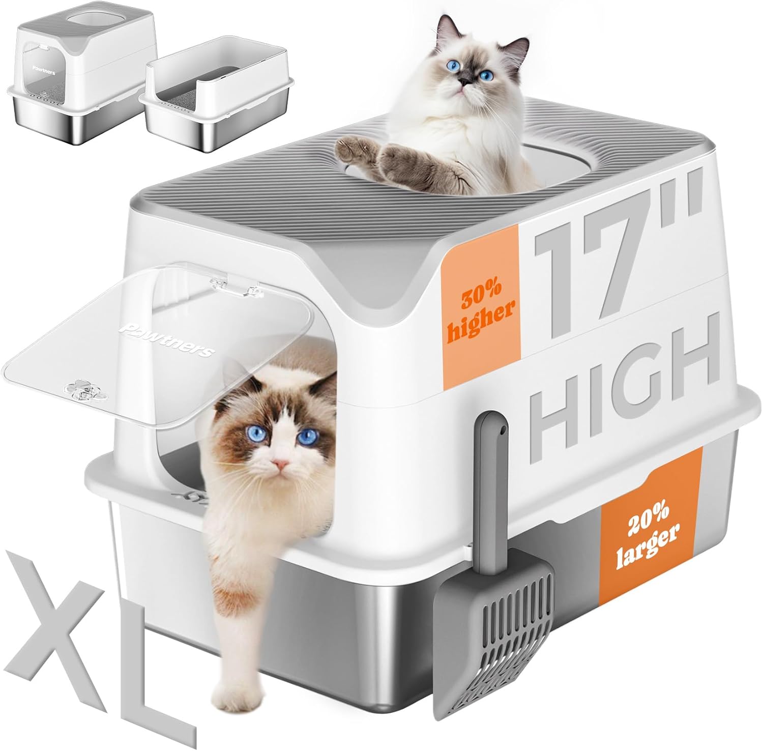 Pawtners Stainless Steel Cat Litter Box, XL Extra Large Kitty Litter Pan - WEhite Grey with Cushion