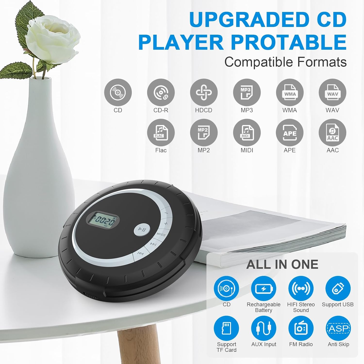 Rugort CD Player Portable for Car with Anti-Skip Protection, Small Player with Speaker for Home, with Headphone HiFi Stereo Sound