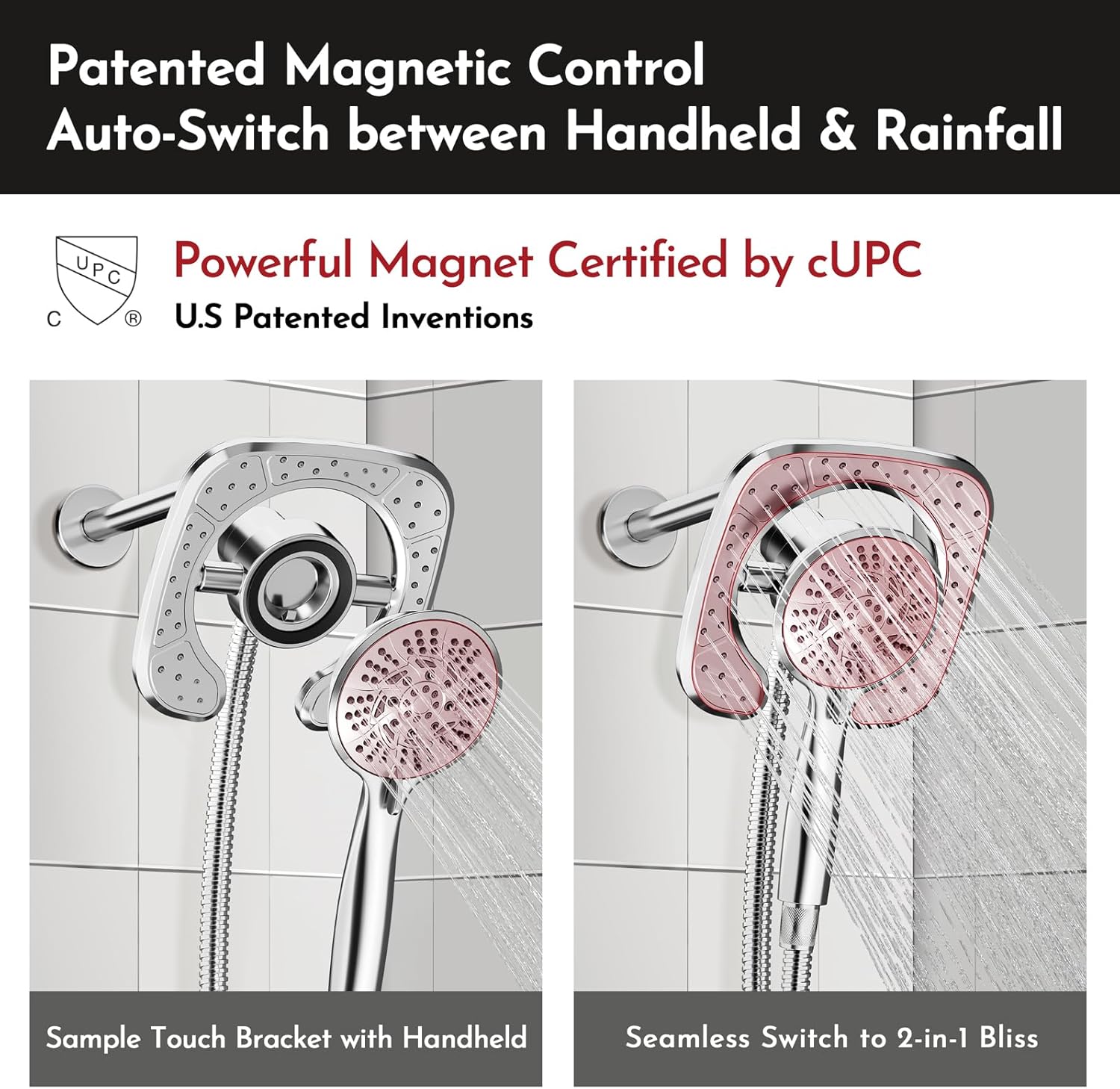 PRIMSOPH Shower Head Handheld Spray Combo 10 Mode Spray Settings Magnetic 2-in-1 High Pressure Dual Showerhead Auto-Switch Square Combination, Chrome