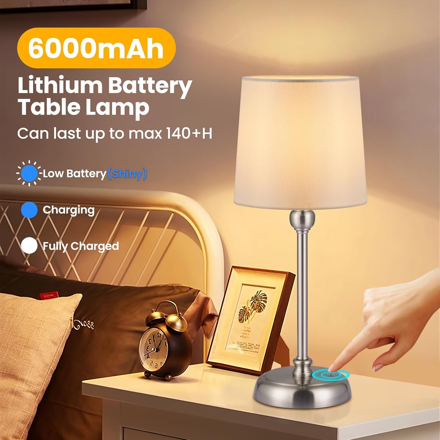 Cordless rechargeable table lamp features a powerful 6000mAh battery,