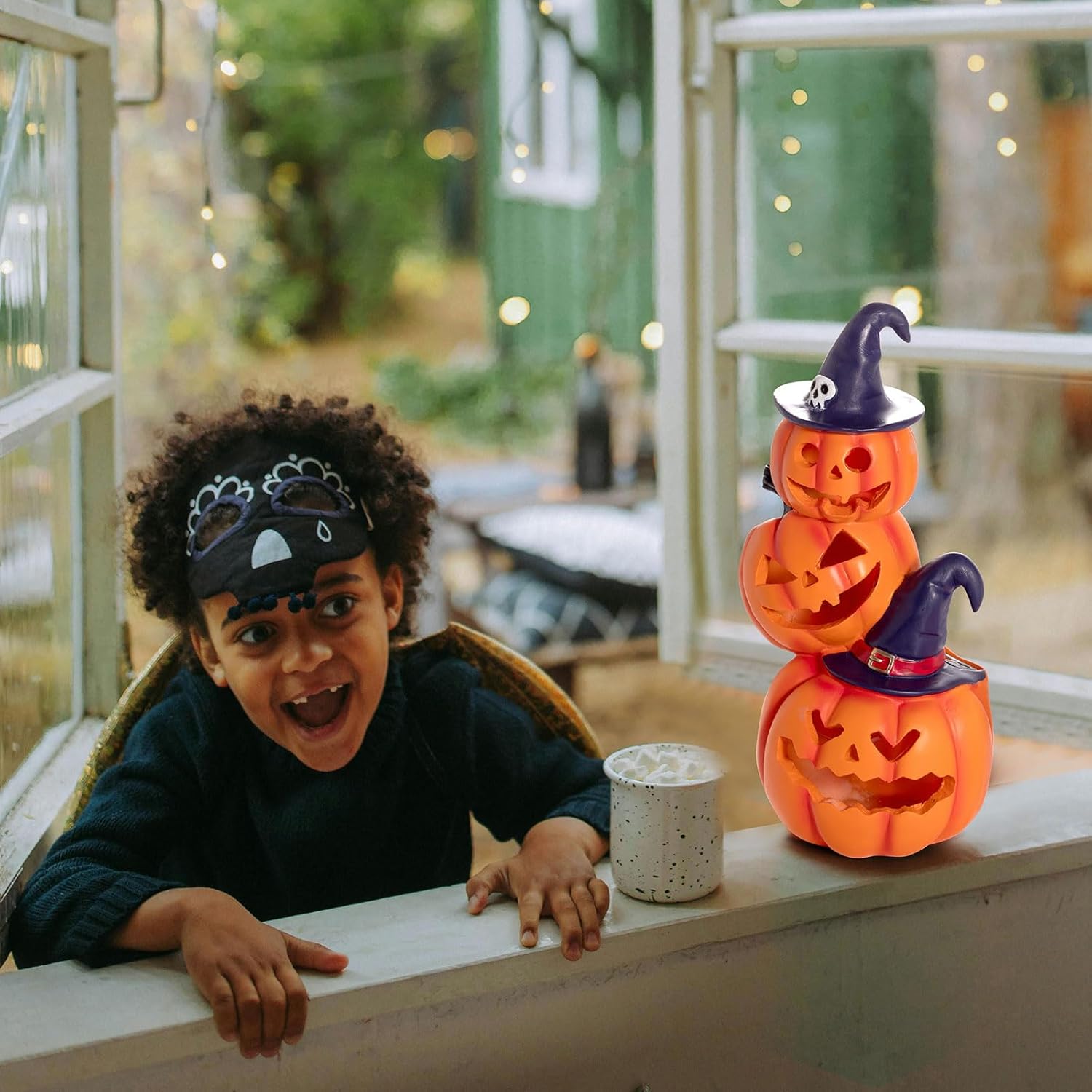 Halloween Decorations - Unique 3 Tiers Stacked Resin Jack-O-Lantern Pumpkin