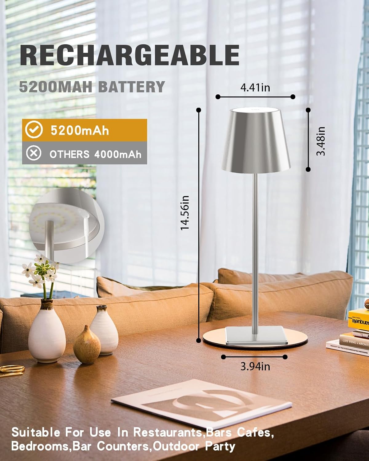 Nerefou Cordless Table Lamp features a powerful 5200mAh battery - Silver