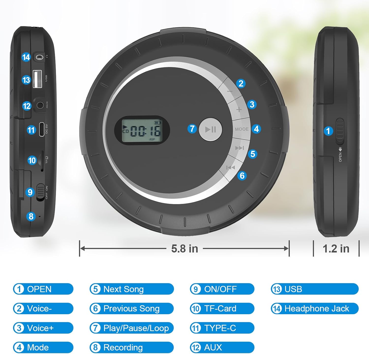 Rugort CD Player Portable for Car with Anti-Skip Protection, Small Player with Speaker for Home, with Headphone HiFi Stereo Sound