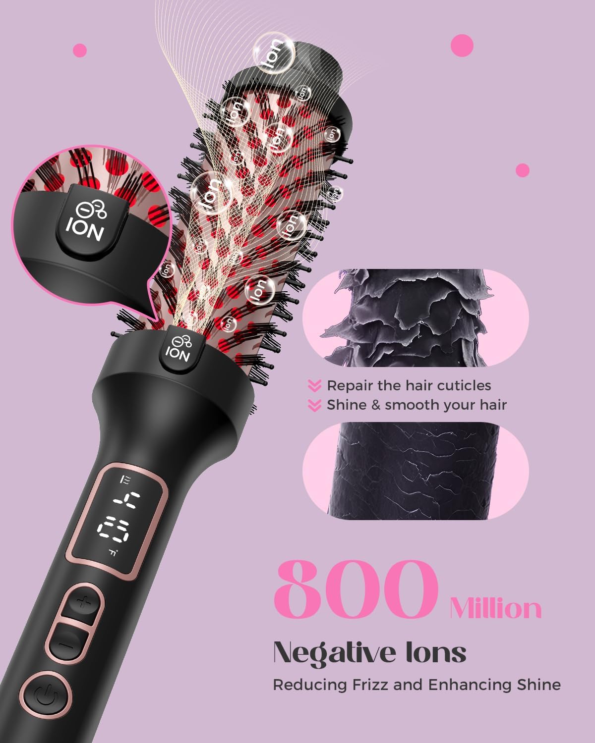 Infrared Bounce Brush, Heated Thermal Round Brush with 5 Heat Settings & LED Display, 1.5 Inch lonic for Hair Straightener & Curling Wand