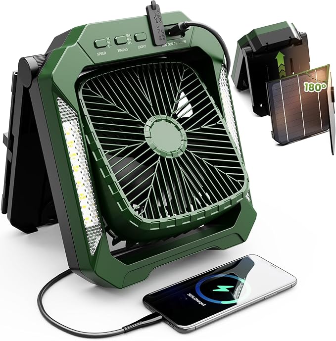 Portable Fan Rechargeable with 18W Detachable Solar Panel, Quiet Battery Powered