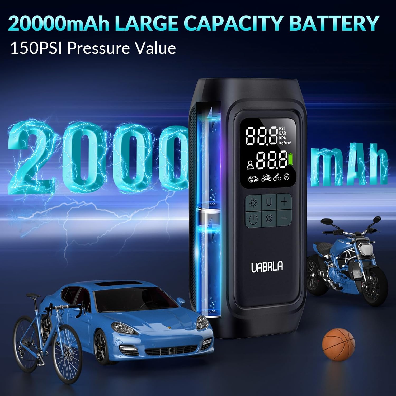 UABRLA Tire Inflator Portable Air Compressor, 20000mAh & 2X Faster Inflation Electric Air Pump for Car Tires, Cordless Auto-Off Bike Tire Pum