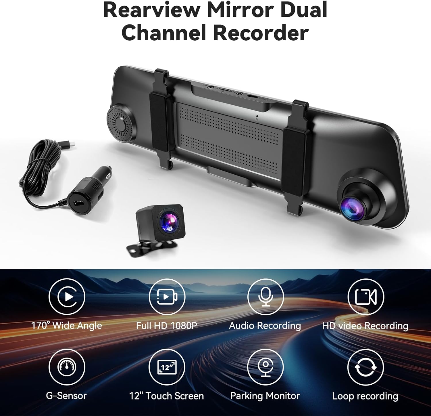 4K Mirror Dash Cam Front and Rear with Carplay&amp;Android Auto, 12'' Rear