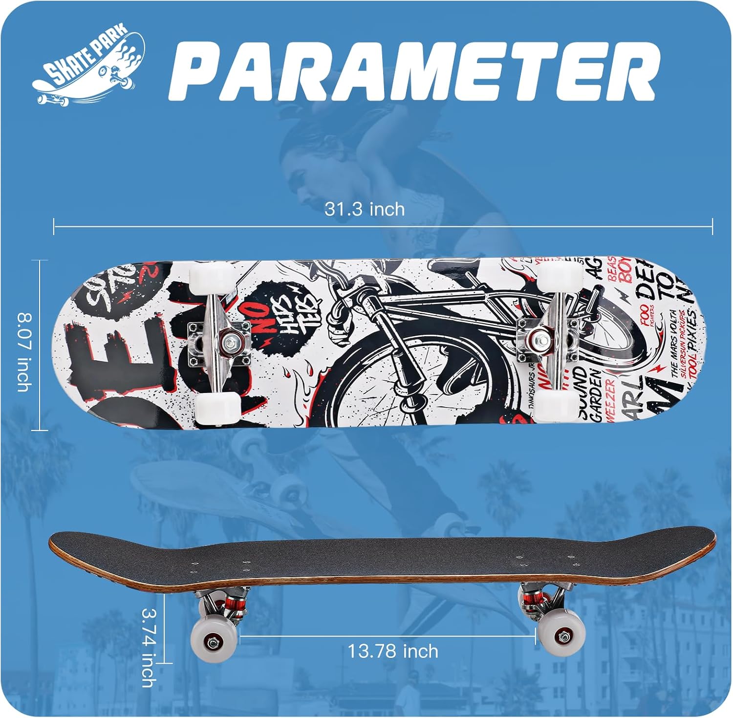 Skateboard Professional Double Kick Skateboard, 31 inch Maple Deck, ABEC-9 Bearings