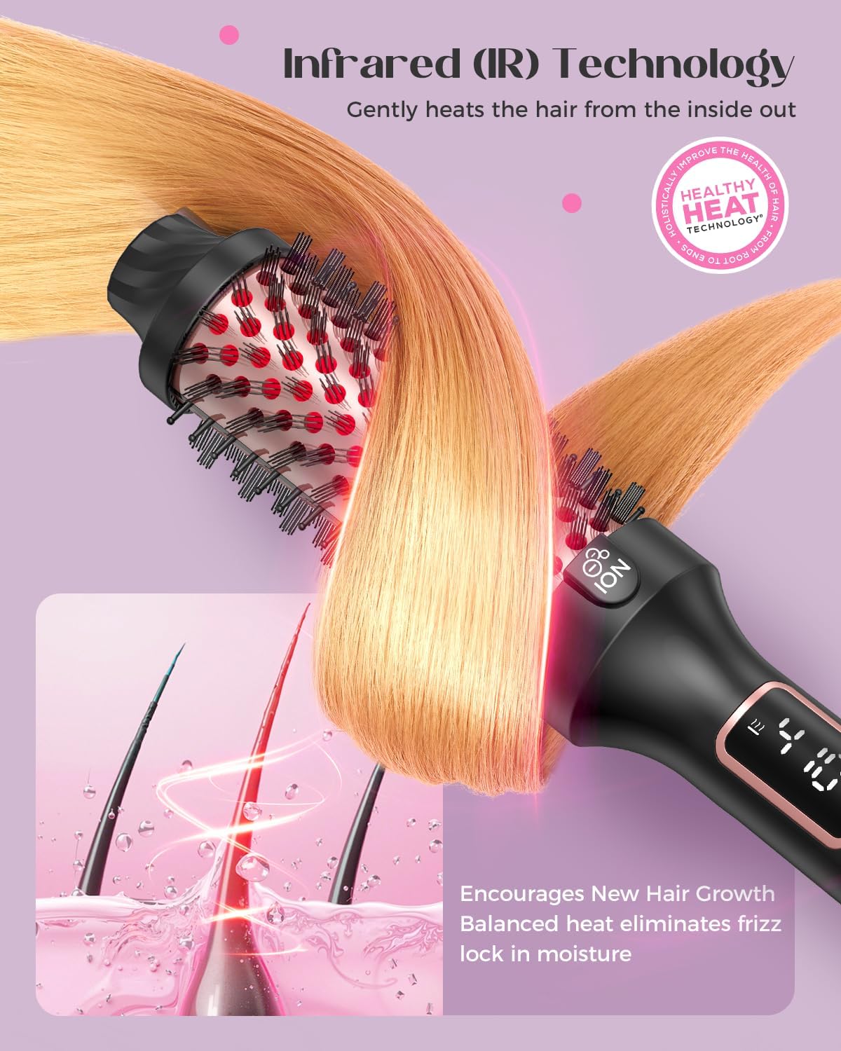 Infrared Bounce Brush, Heated Thermal Round Brush with 5 Heat Settings & LED Display, 1.5 Inch lonic for Hair Straightener & Curling Wand