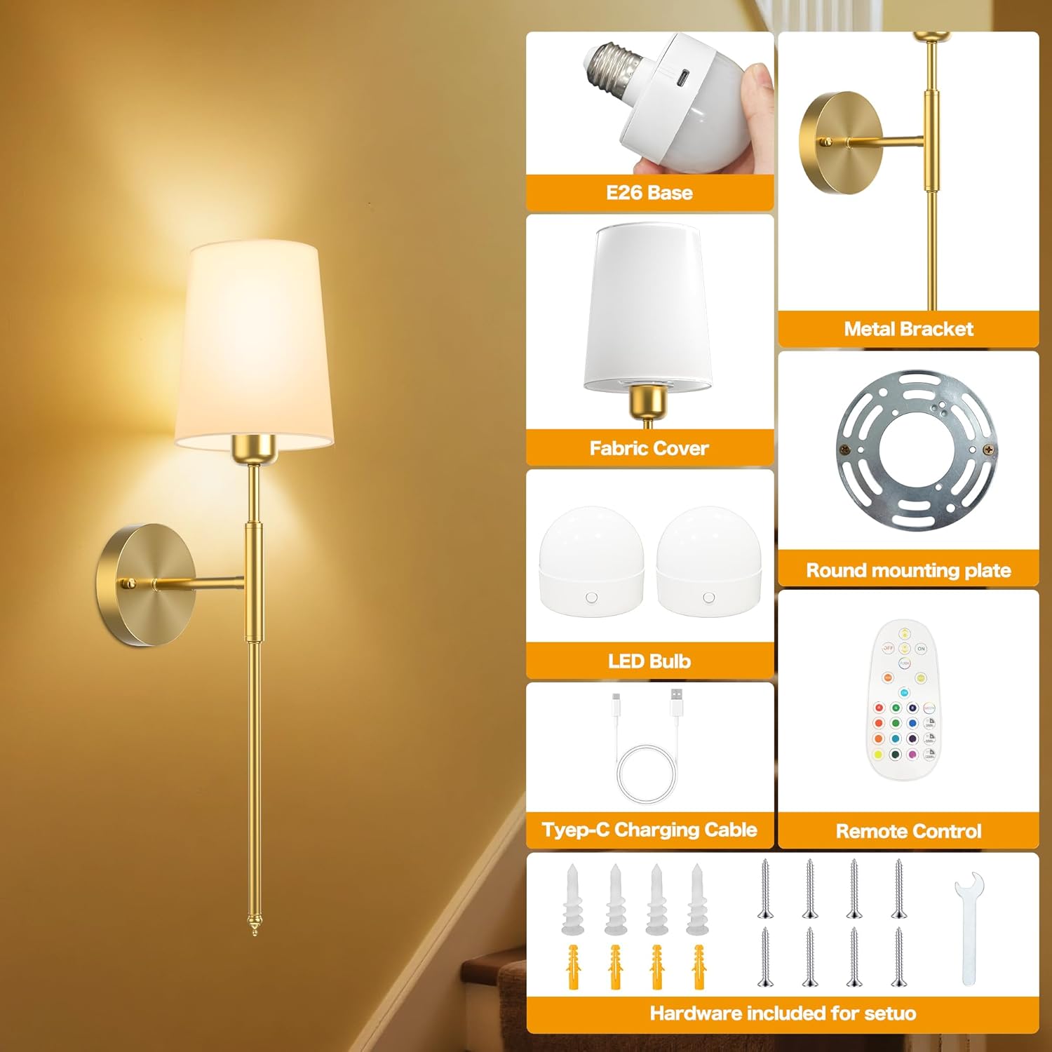 ECOHOM 25.6 inch Battery Operated Wall Sconces Set of 2, Wireless Wall Lights with Rechargeable