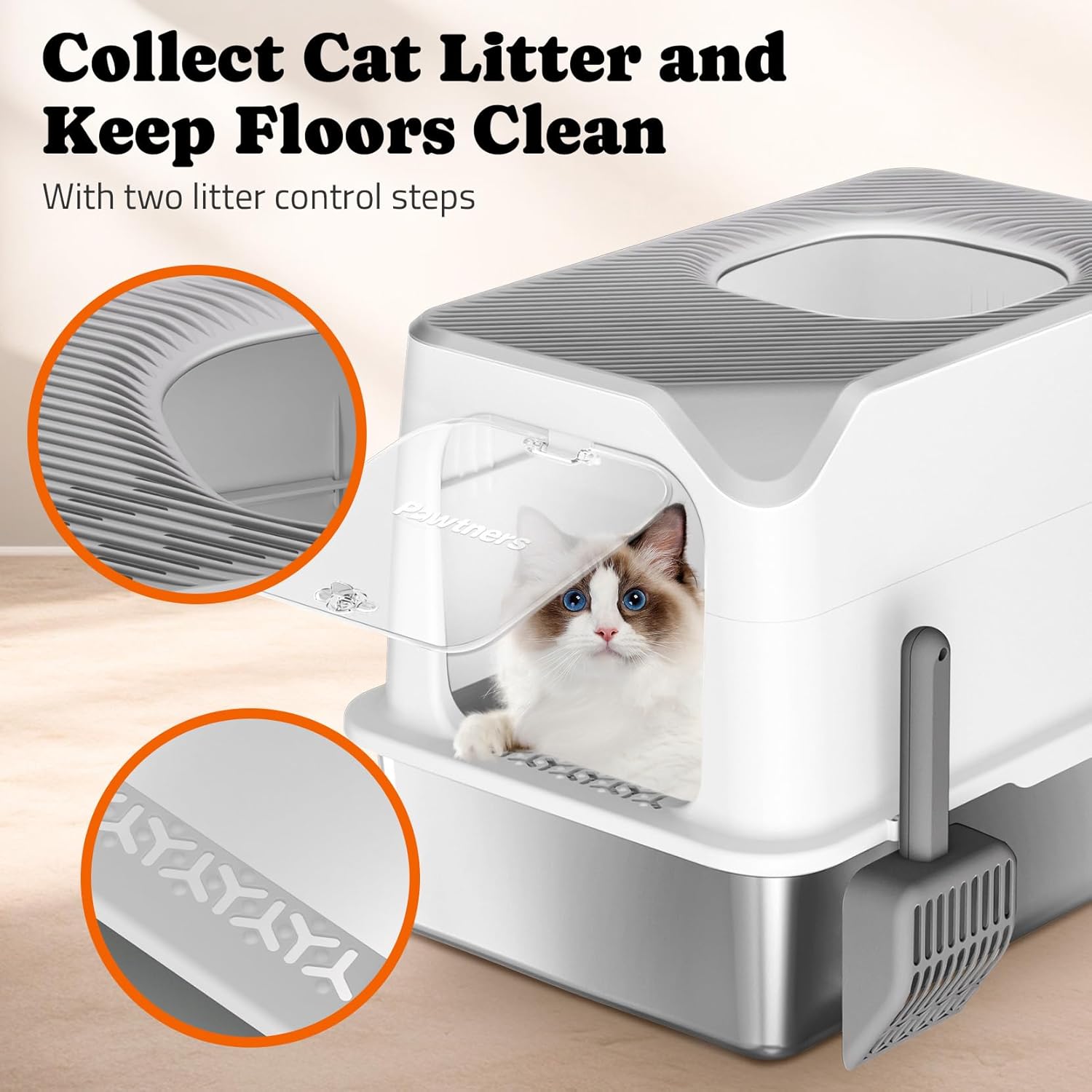 Pawtners Stainless Steel Cat Litter Box, XL Extra Large Kitty Litter Pan - WEhite Grey with Cushion