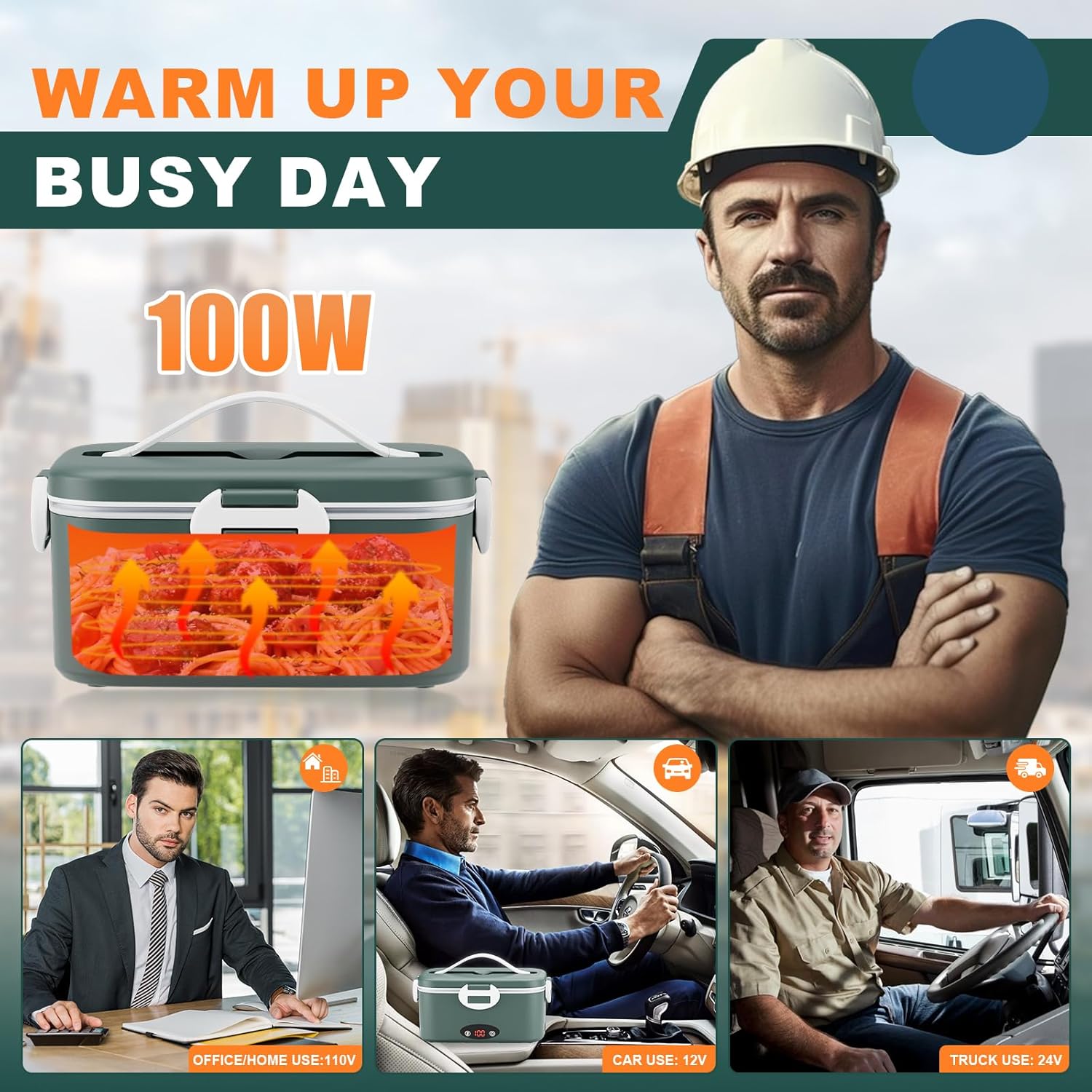 Electric Lunch Box with 3 Temperature Levels, 100W Fast Heating heated lunch box, 12V/24V/110V 1.8L Portable Food Warmer for...