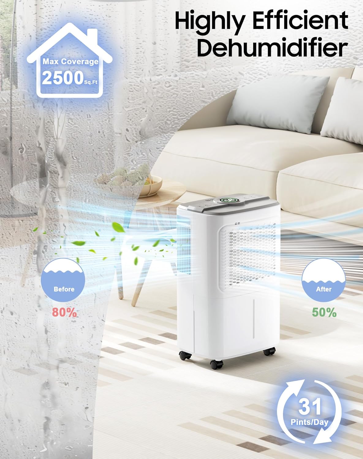 Dehumidifier for Home Basement 2500 Sq.Ft, 31 Pints Dehumidifiers for Home Bathroom
