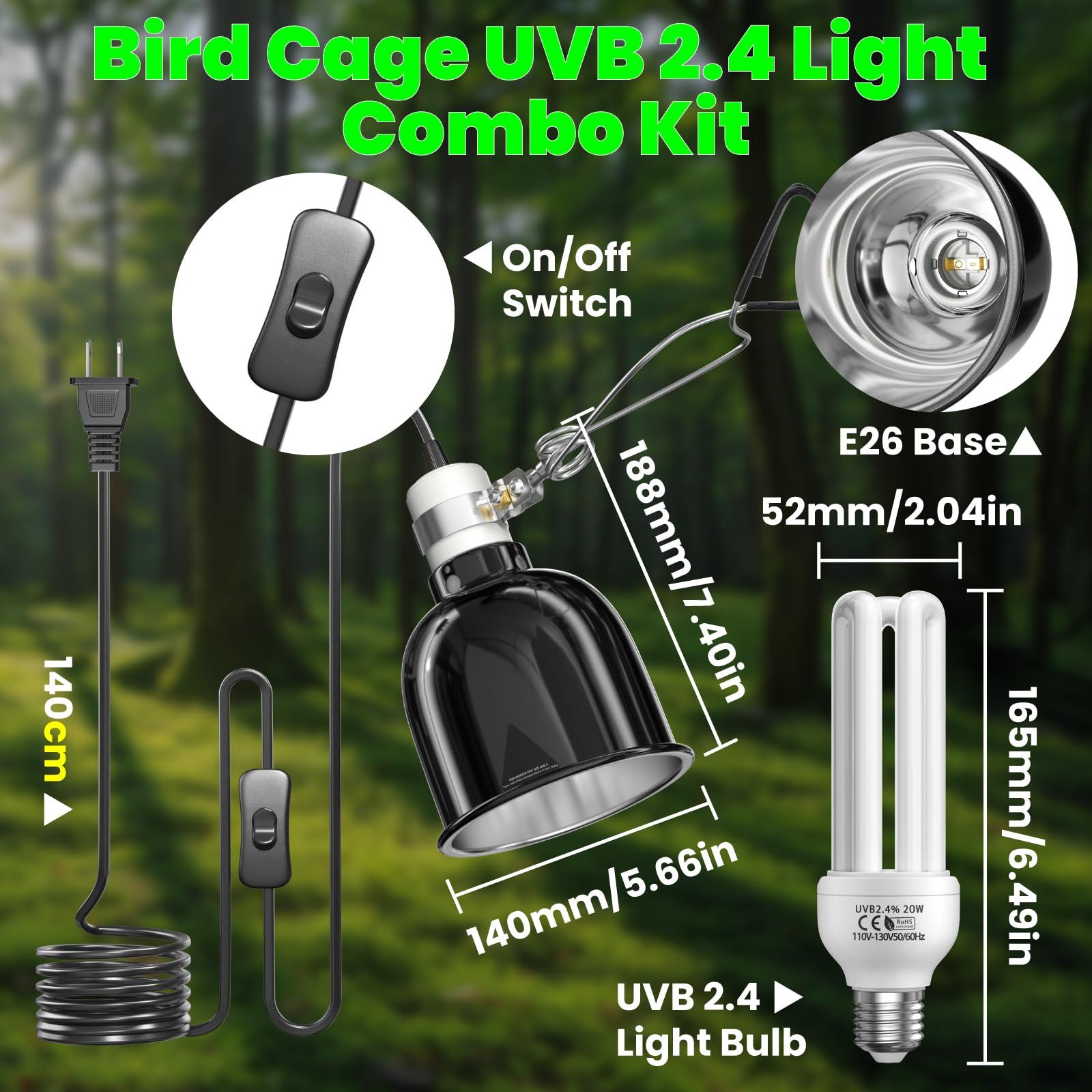 GlowUp Bird Cage Light Fixture + 2.4% UVB 20W Bulb Kit