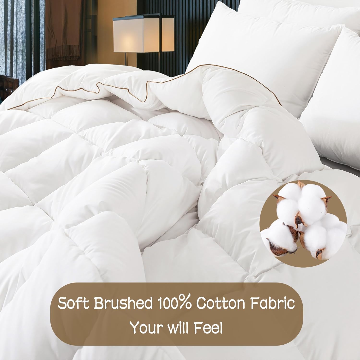 EDUJIN King Size Goose Down Comforter, All Season Duvet Insert Goose Feather Down Filled, 100% Organic Cotton+4 Corner Ties, 106x90 in