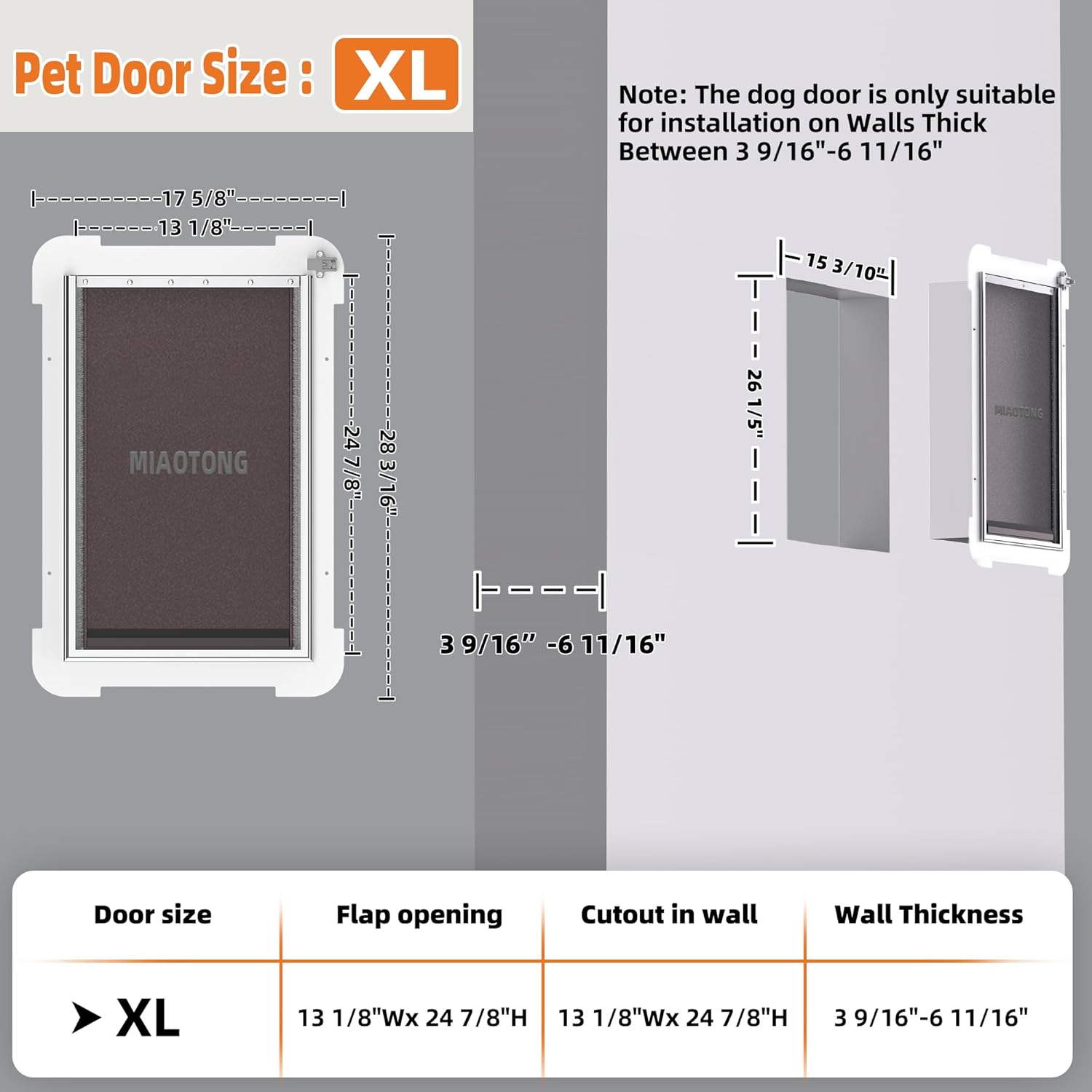 Miaotong Large Dog Door – Double Flap, Steel Frame, Wall Mount