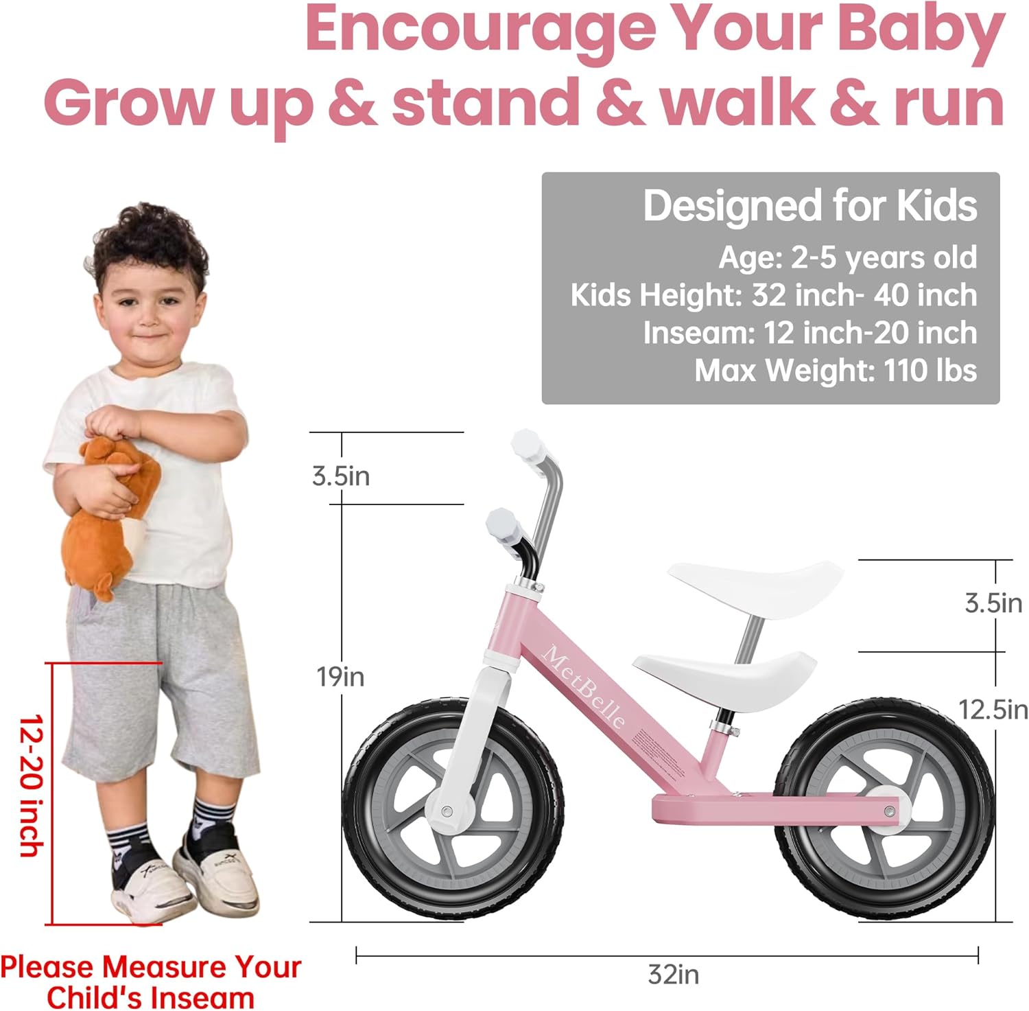 MetBelle Balance Bike in pink is designed for toddlers aged 2 to 5 years pink