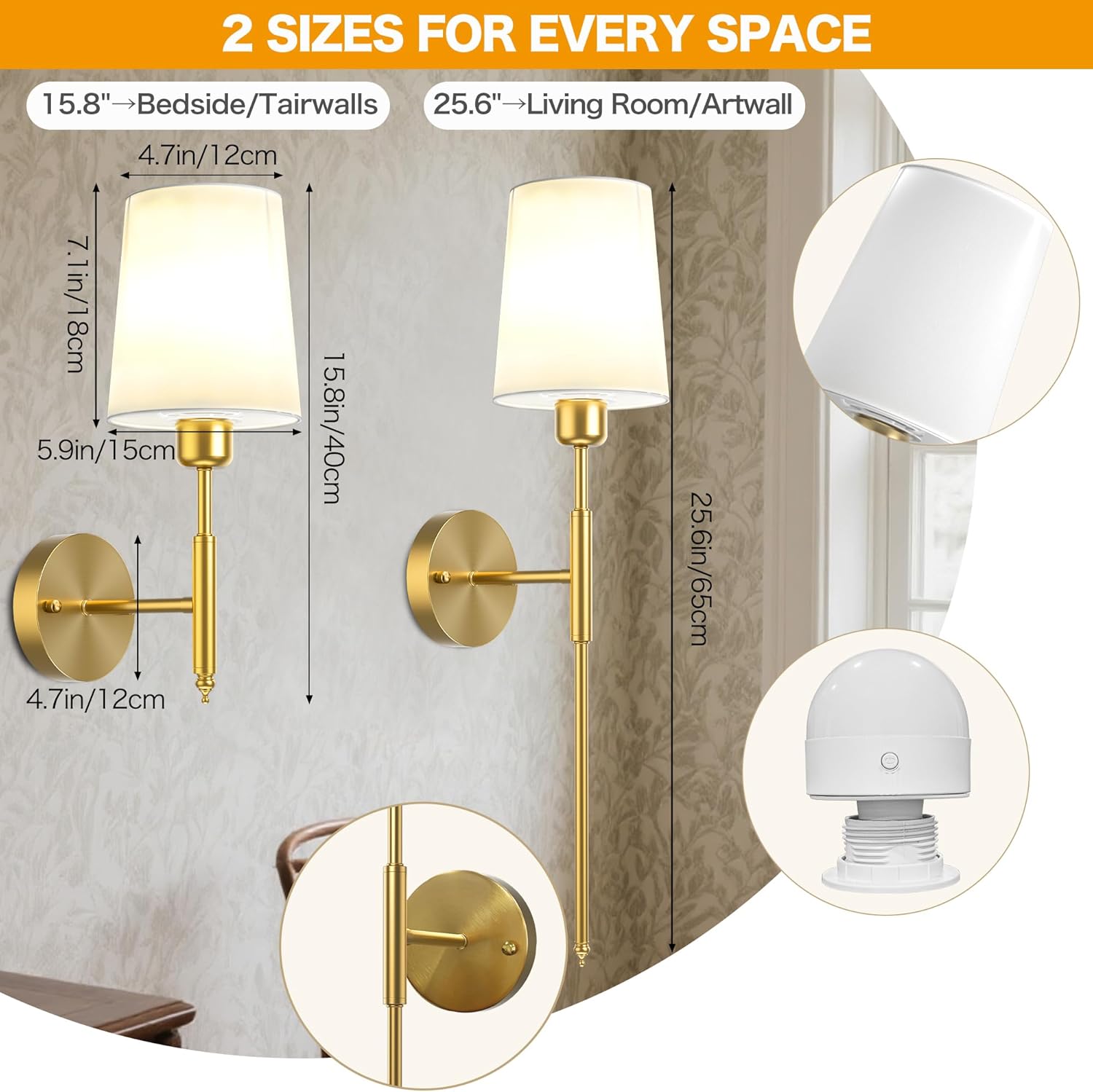 ECOHOM 25.6 inch Battery Operated Wall Sconces Set of 2, Wireless Wall Lights with Rechargeable