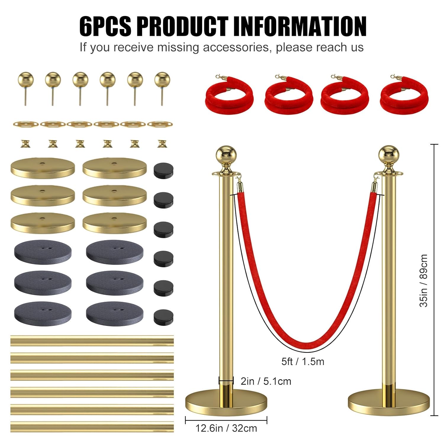 6Pcs Stanchions Posts with Red Velvet Ropes Set