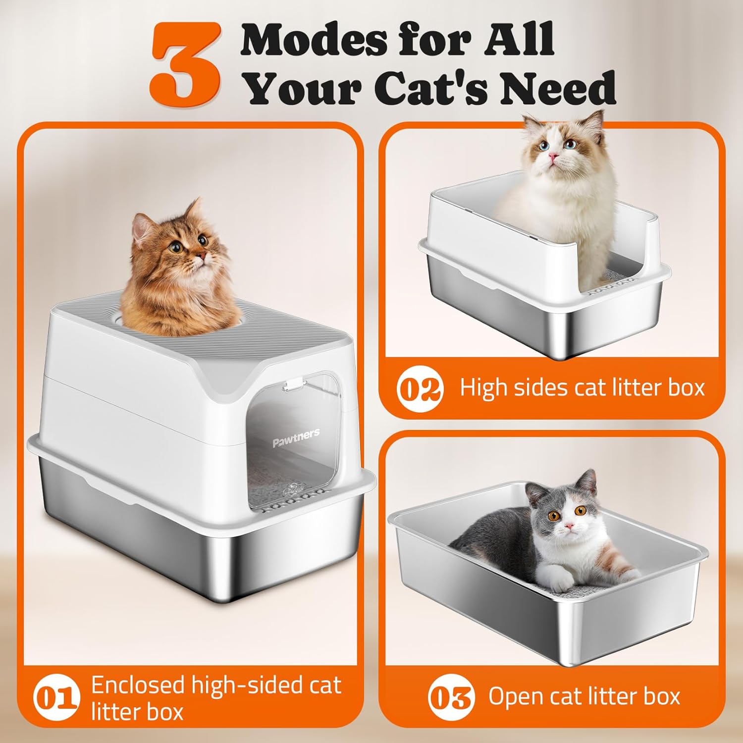 Pawtners Stainless Steel Cat Litter Box, XL Extra Large Kitty Litter Pan - WEhite Grey with Cushion