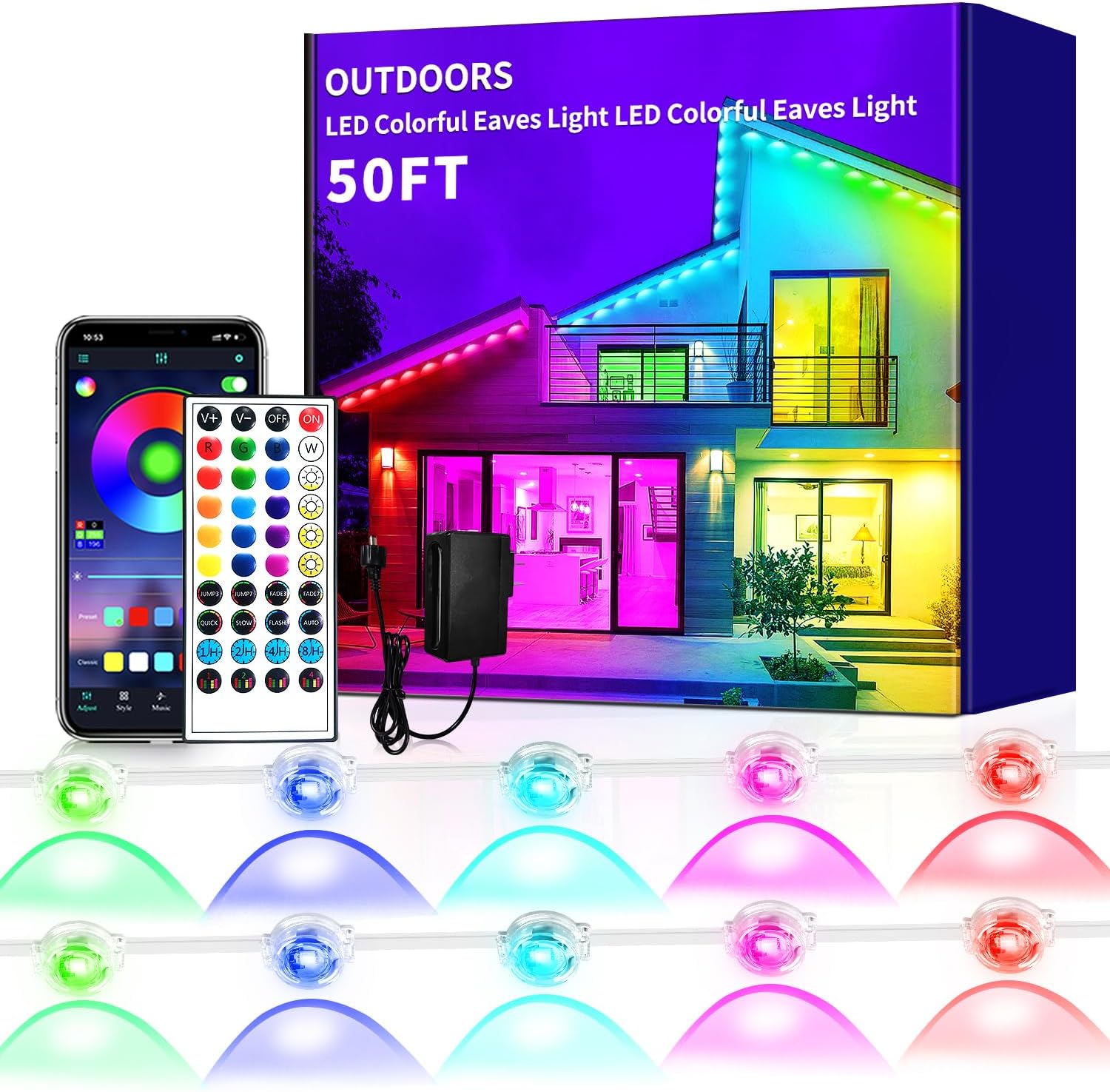 50ft RGB LED Eave Lights, IP68 Waterproof Outdoor Lights