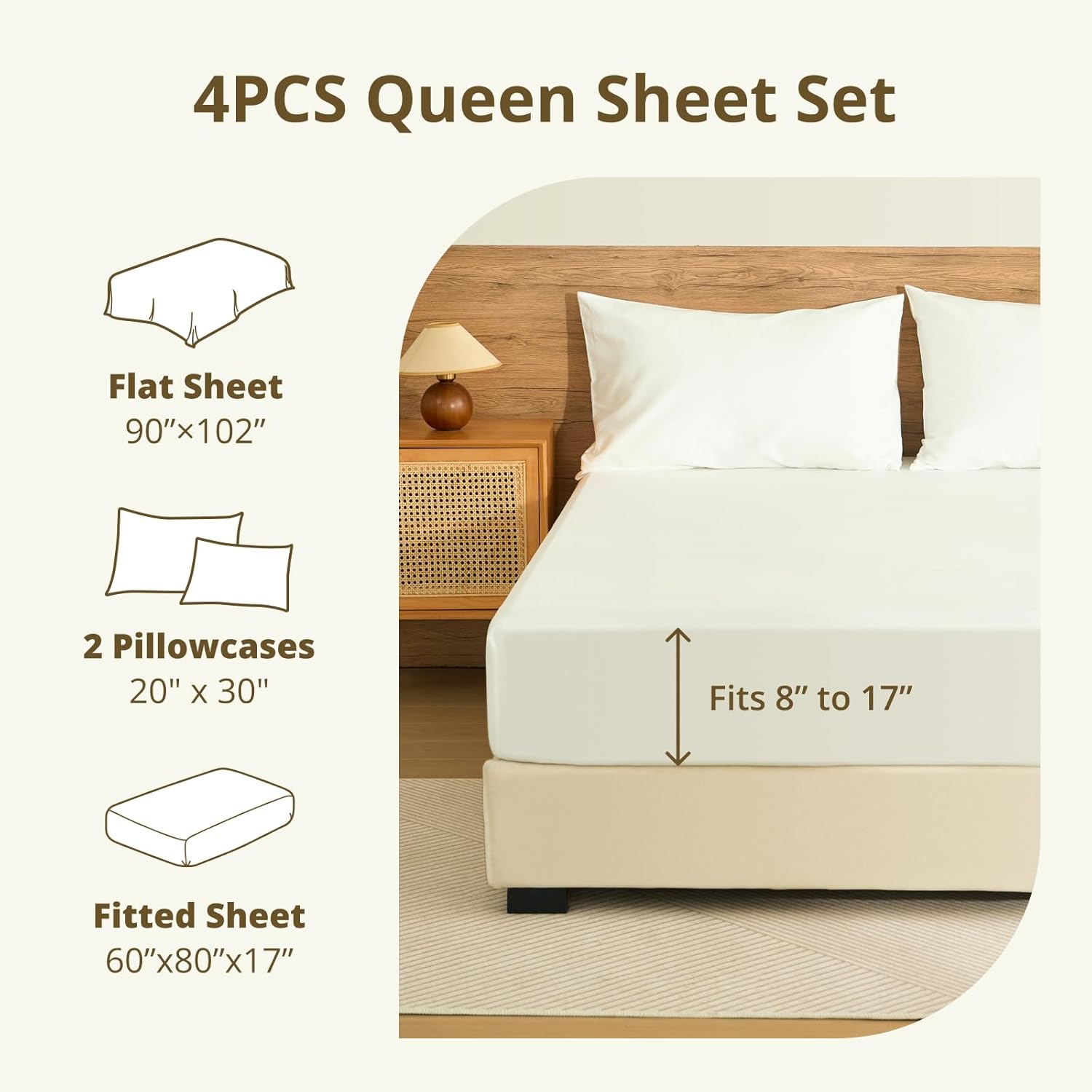 CieloCloud Queen Bed Sheet Set, 4PCS Fits 17" Mattress 100% Long-Staple Cotton