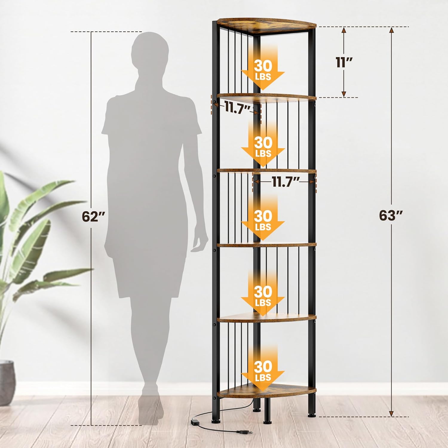 MonaSixy 6 Tier Corner Shelf with Light, Brown