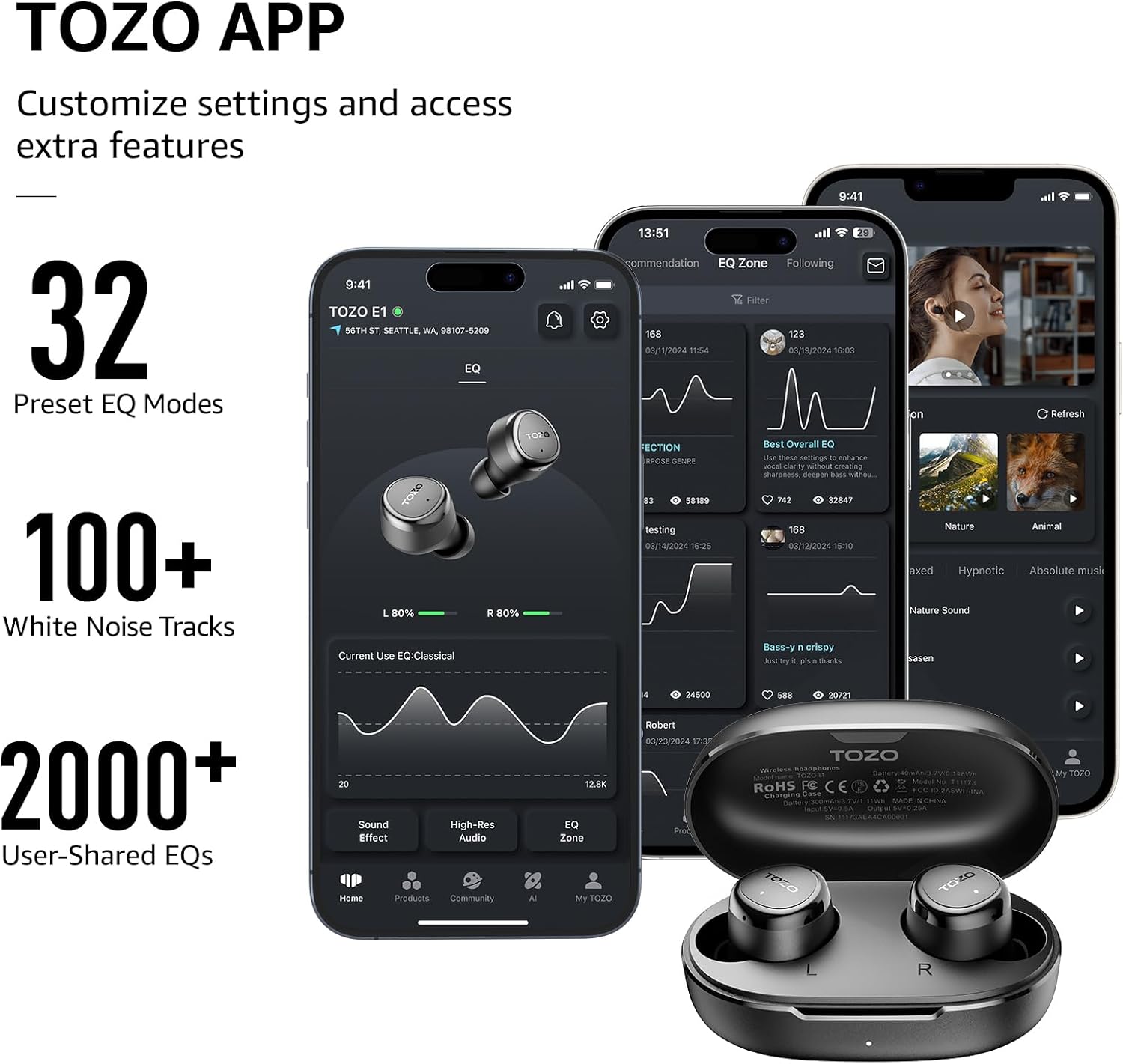 TOZO E1 Wireless Earbuds Build in Mic Clear Calls Ergonomic Light Weight Bluetooth 5.3