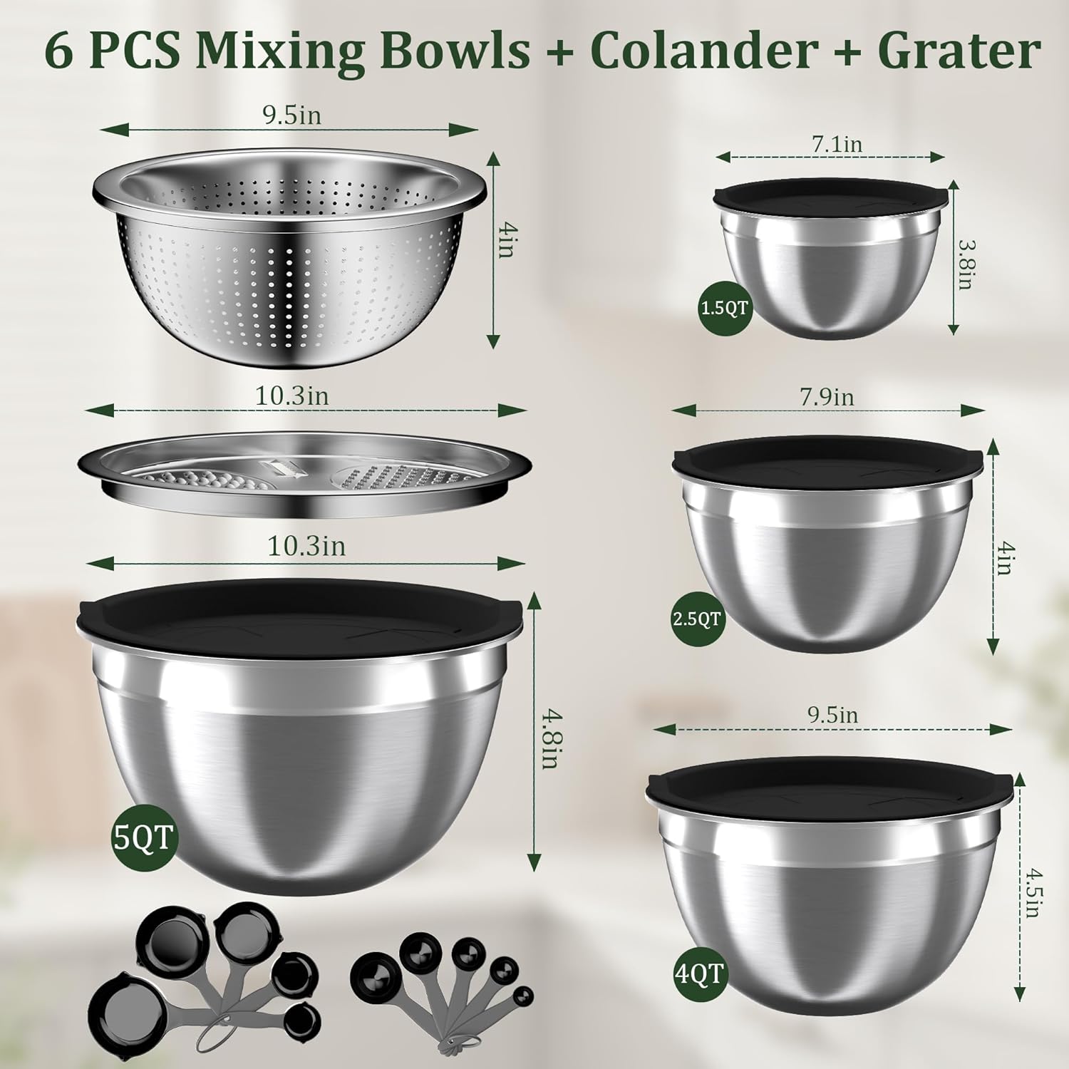Nicdiet 5 set mixing bowl beige lids Mixing Bowls with Lids Set, Stainless Steel Mixing Bowls,Nesting Storage