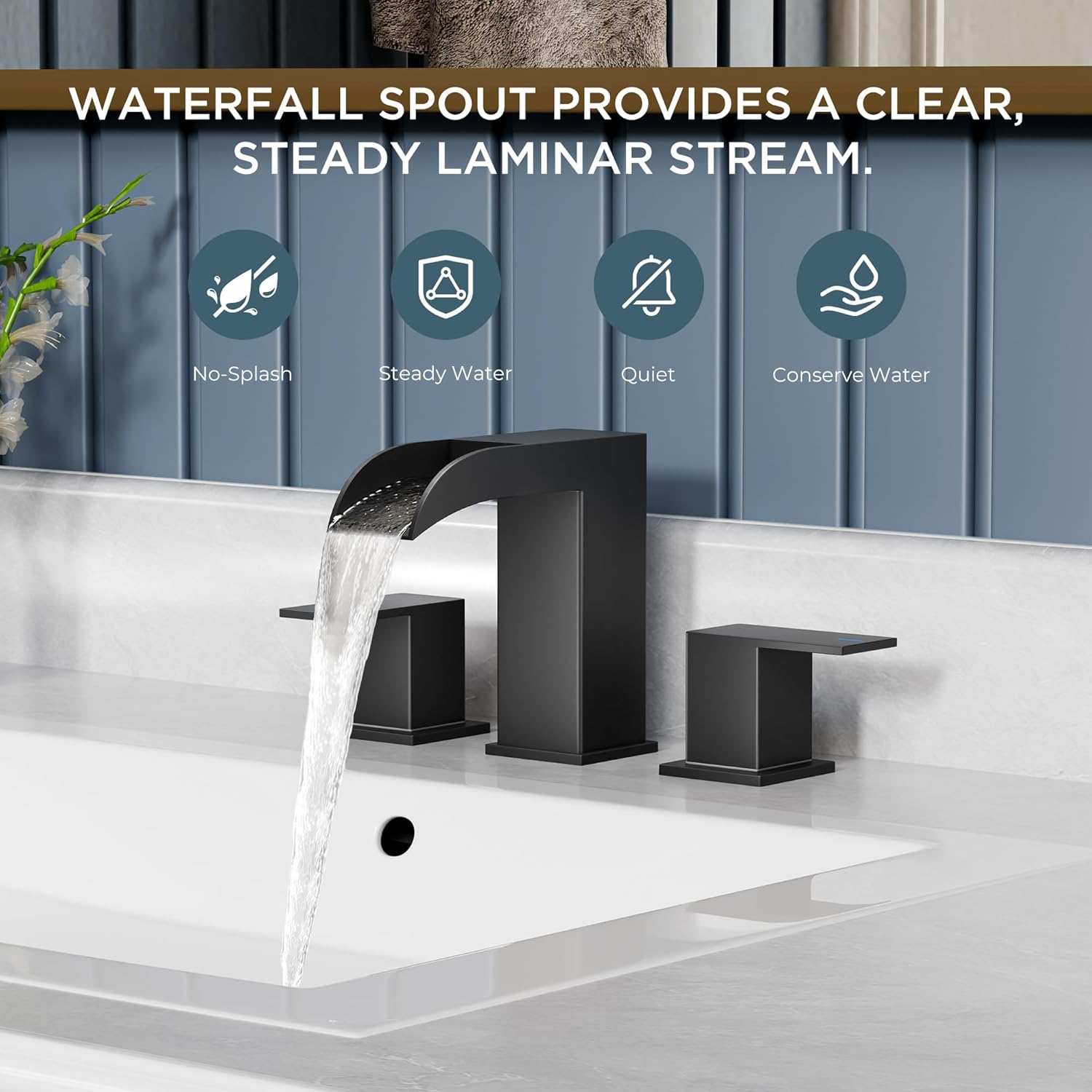 QFN Black Bathroom Sink Faucet is designed for 3-hole, 8-inch widespread installations