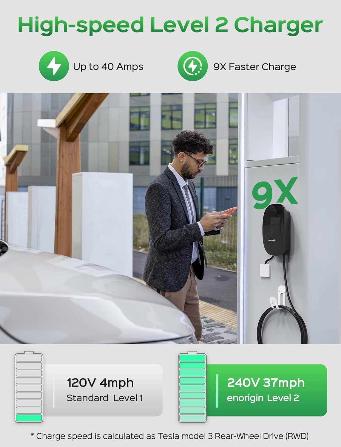 Enorigin Level 2 EV Charger delivers efficient 40 Amp, 240V charging to power your electric vehicle