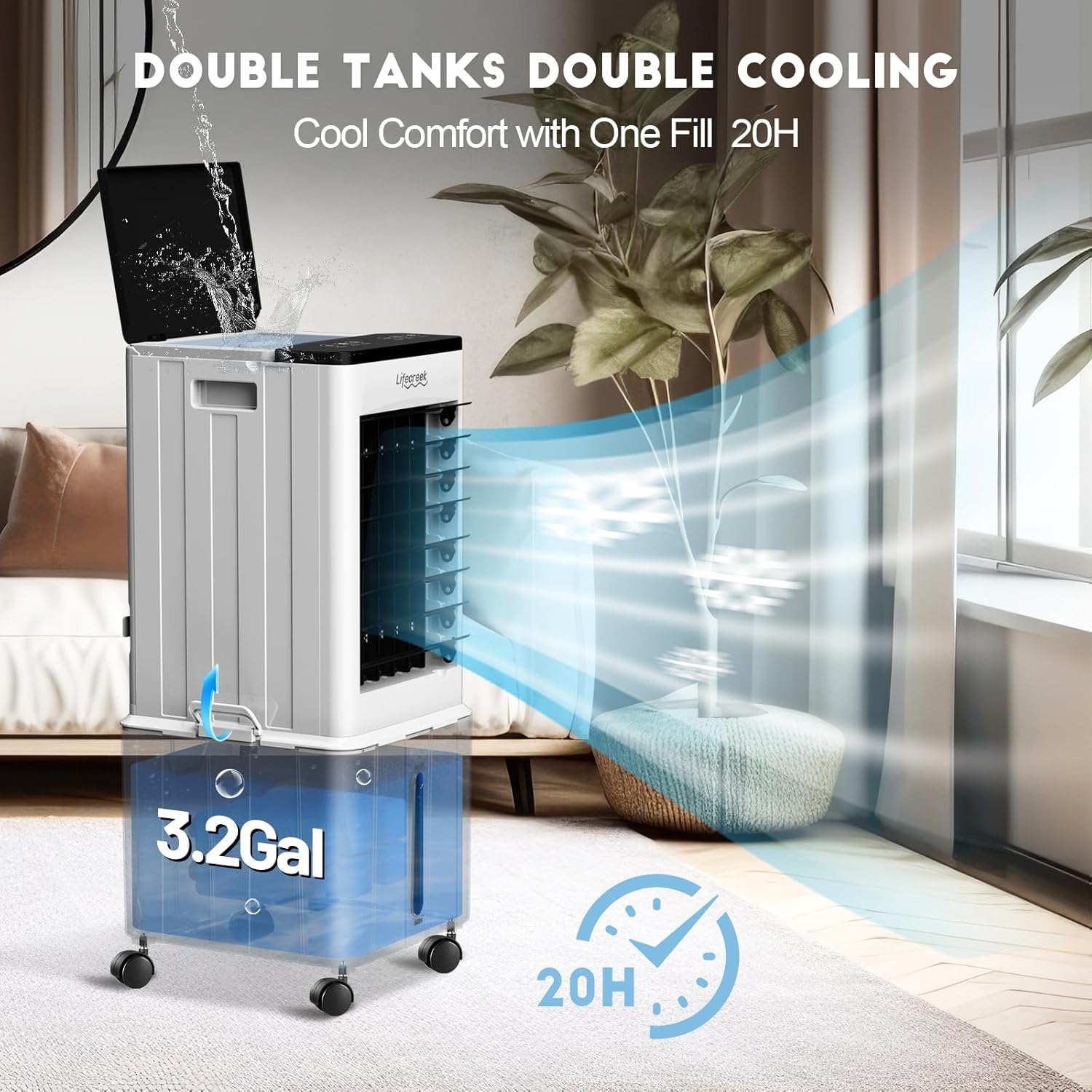 The Lifecreek ID-AC2501 Air Cooler is a portable, windowless evaporative coole