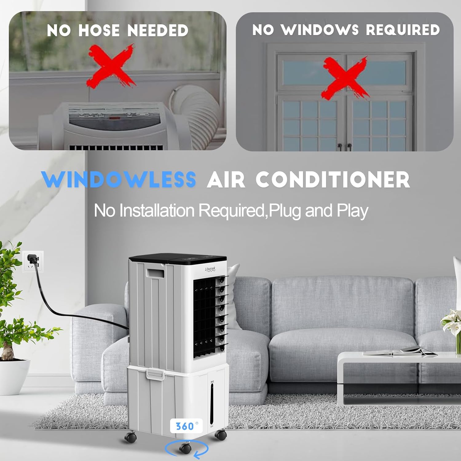The Lifecreek ID-AC2501 Air Cooler is a portable, windowless evaporative coole