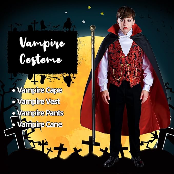 Vampire Costume Set, Halloween Party Vampire Cosplay Outfit with Cape, Shirt, Pants & Cane, kids dracula costume