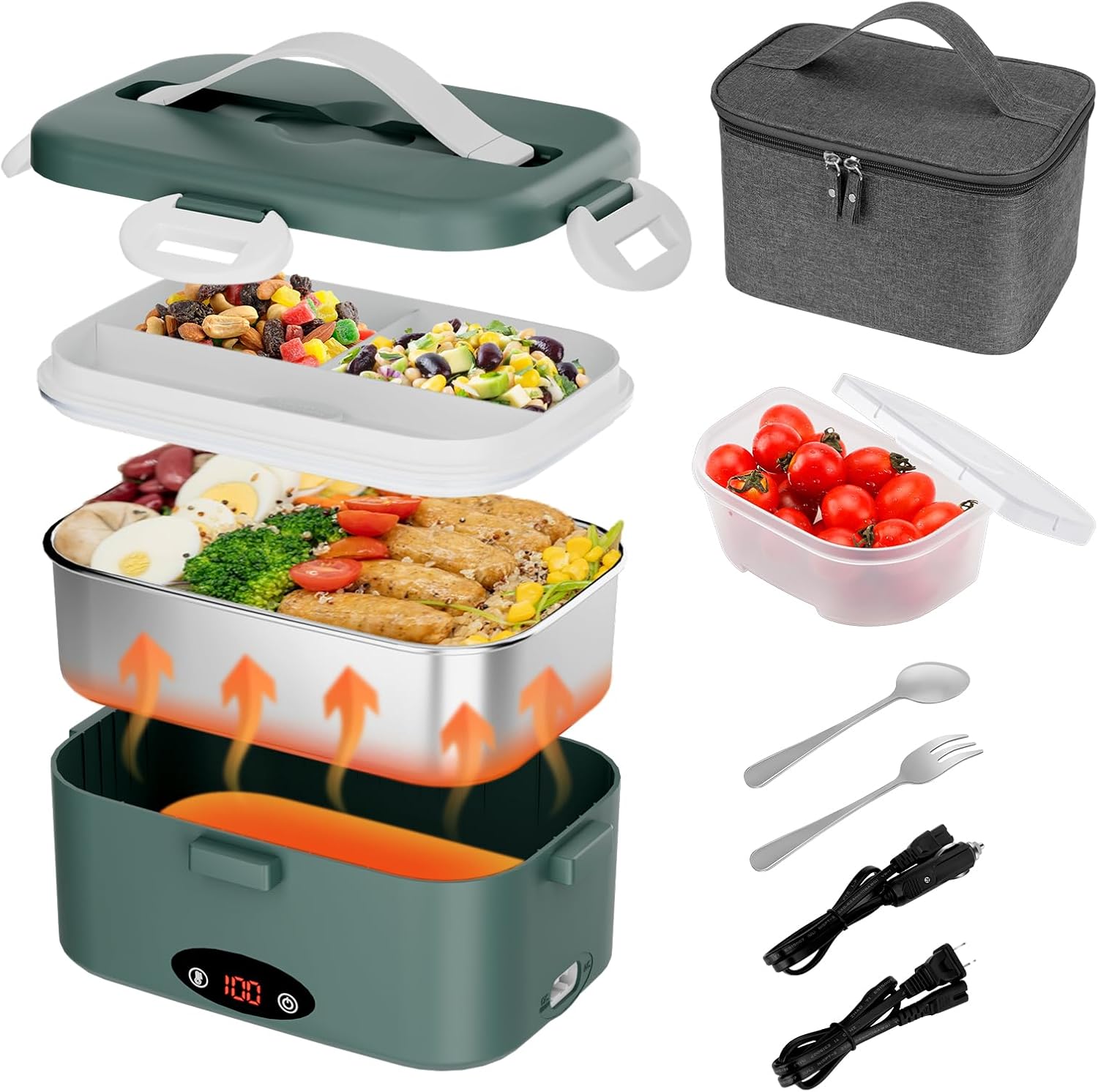 Electric Lunch Box with 3 Temperature Levels, 100W Fast Heating heated lunch box, 12V/24V/110V 1.8L Portable Food Warmer for...