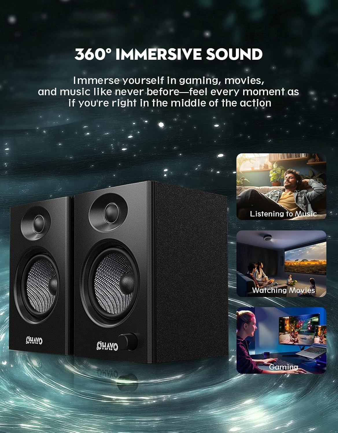 OHAYO 60W Computer Speakers for Music and Gaming, Active Bluetooth 5.3, Black