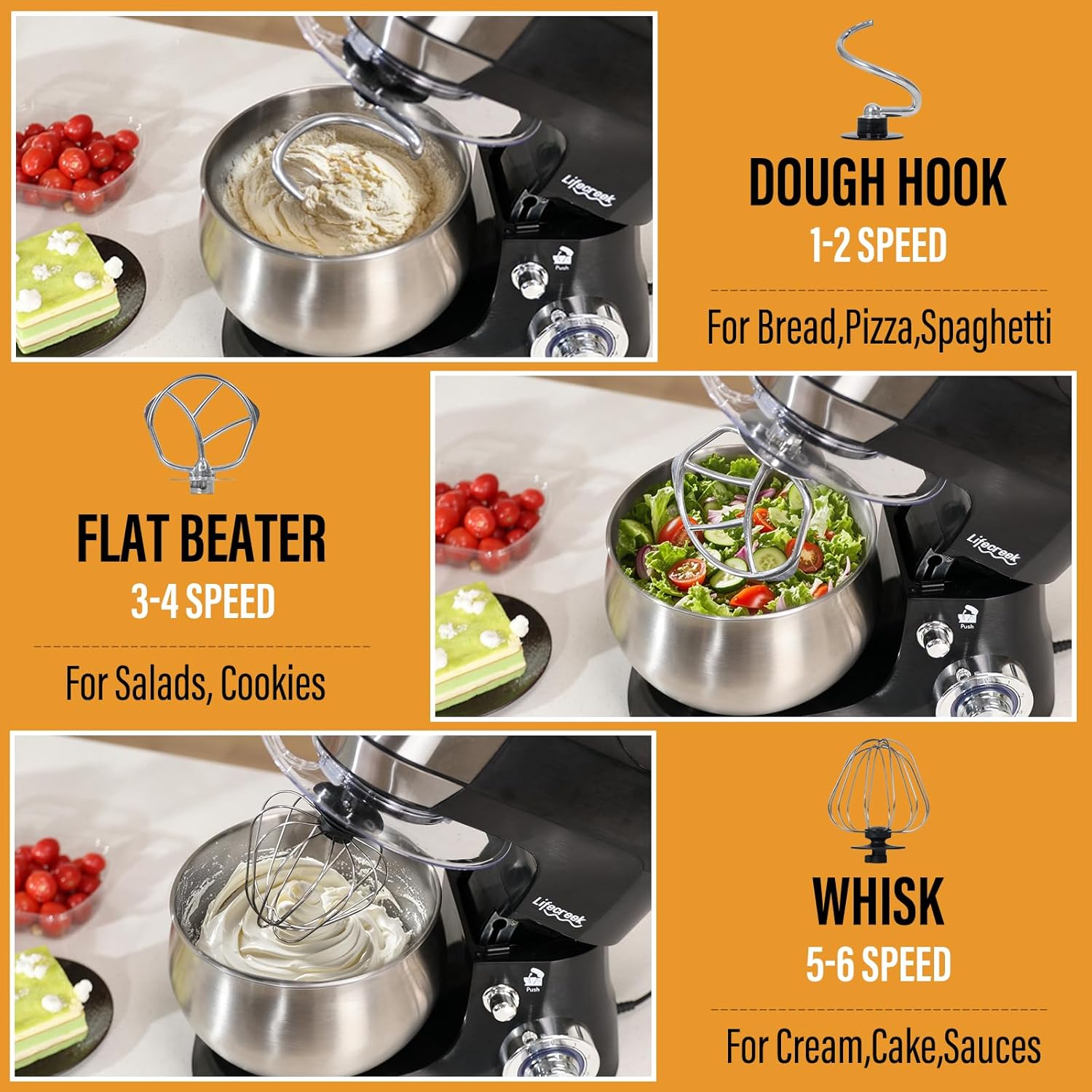 Lifecreek 3-in-1 Stand Mixer combines power and versatility with a 5.3-quart stainless steel bowl and a 660W motor