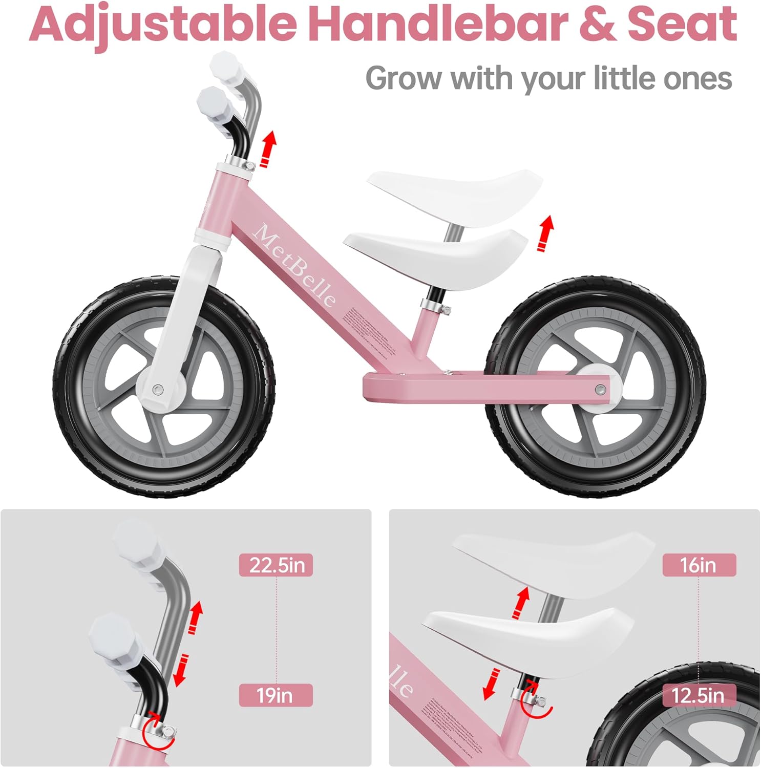 MetBelle Balance Bike in pink is designed for toddlers aged 2 to 5 years pink