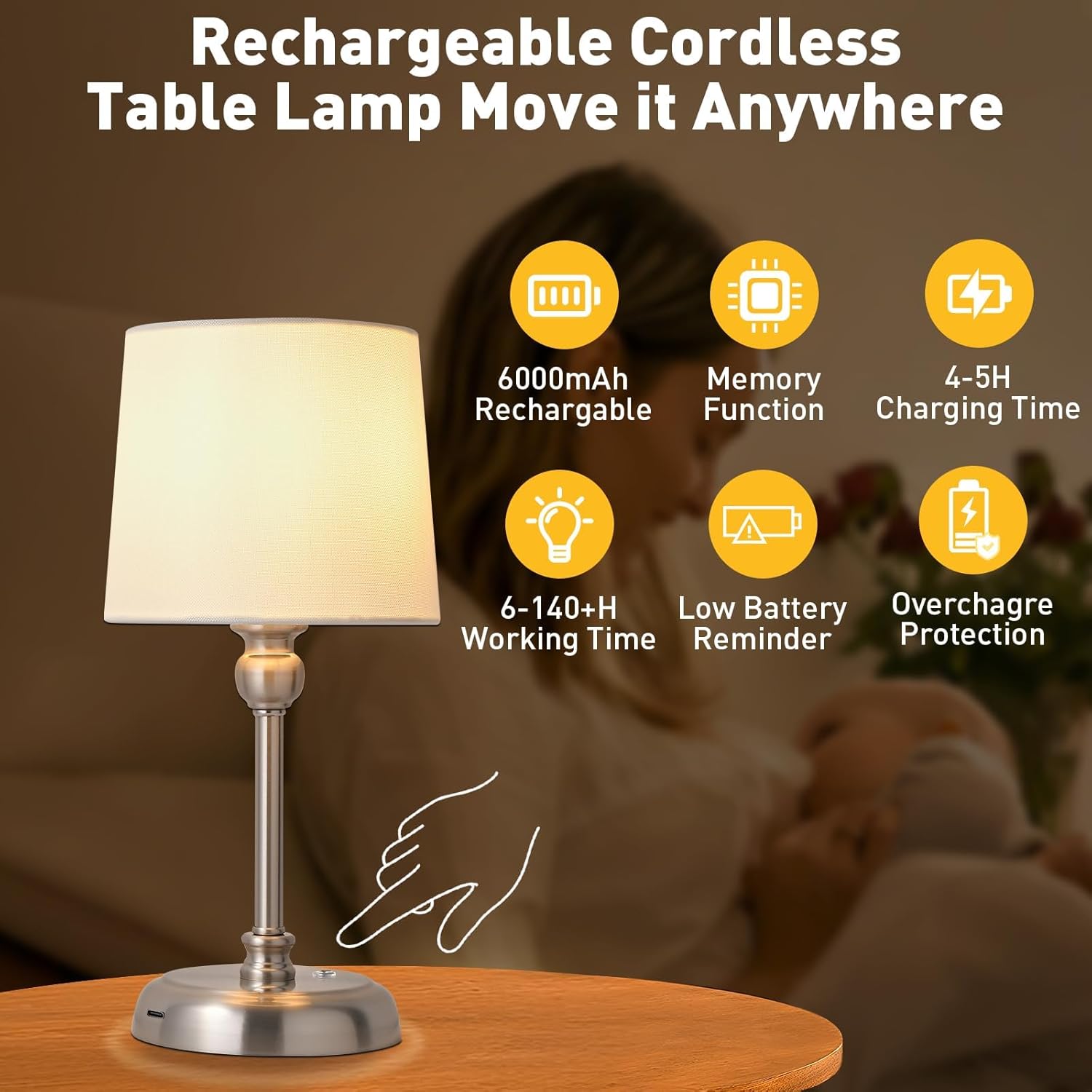 Cordless rechargeable table lamp features a powerful 6000mAh battery,