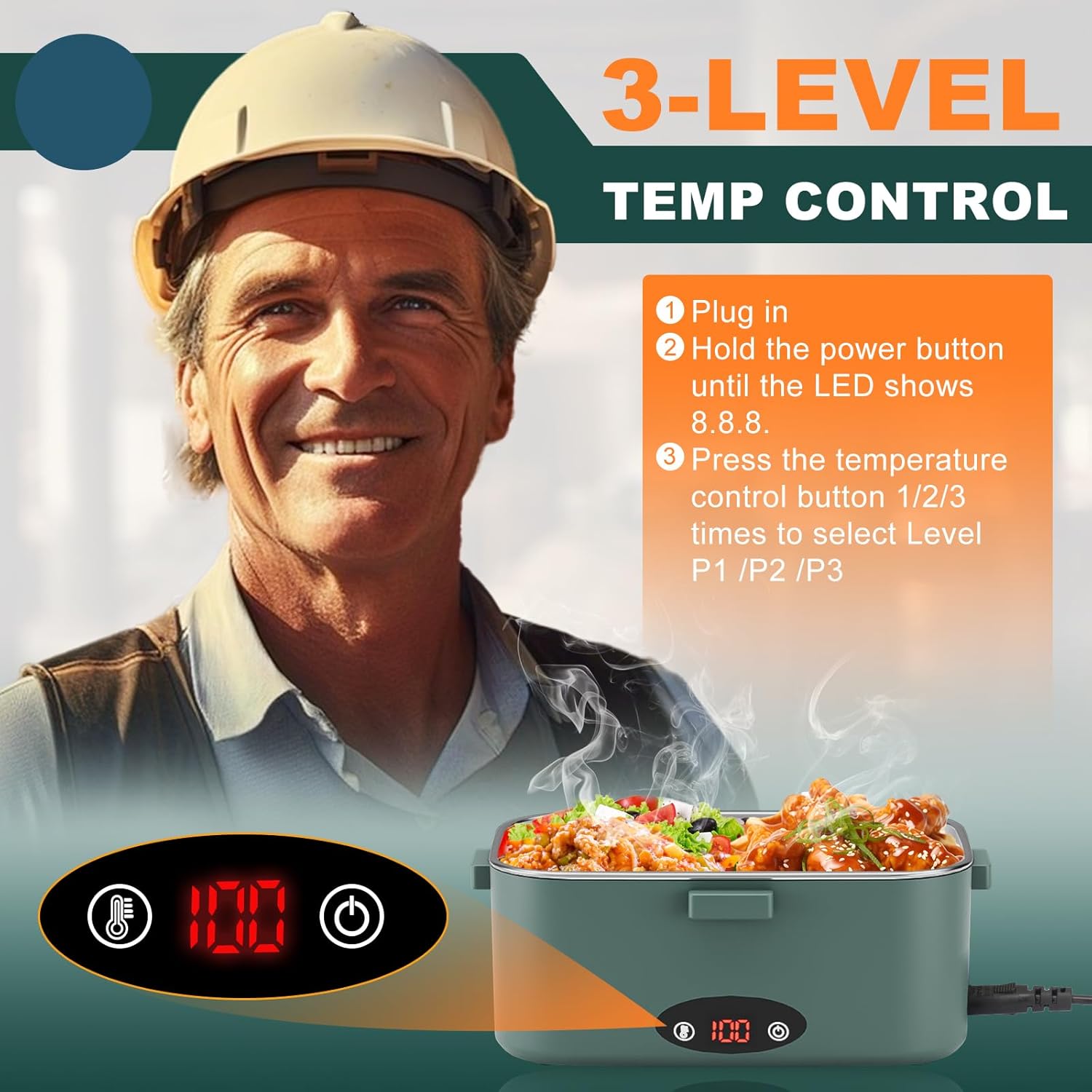 Electric Lunch Box with 3 Temperature Levels, 100W Fast Heating heated lunch box, 12V/24V/110V 1.8L Portable Food Warmer for...